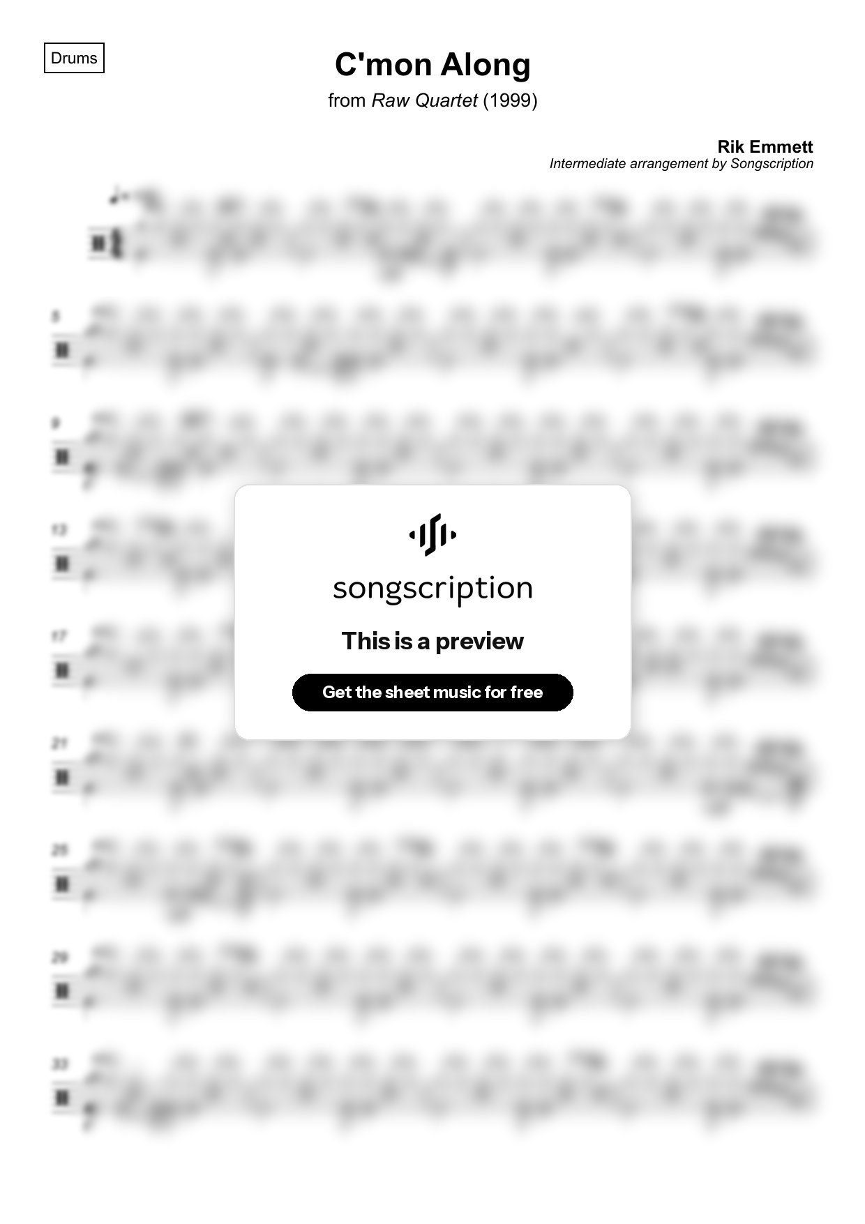 Intermediate Drums Sheet Music for "C'mon Along" by Rik Emmett