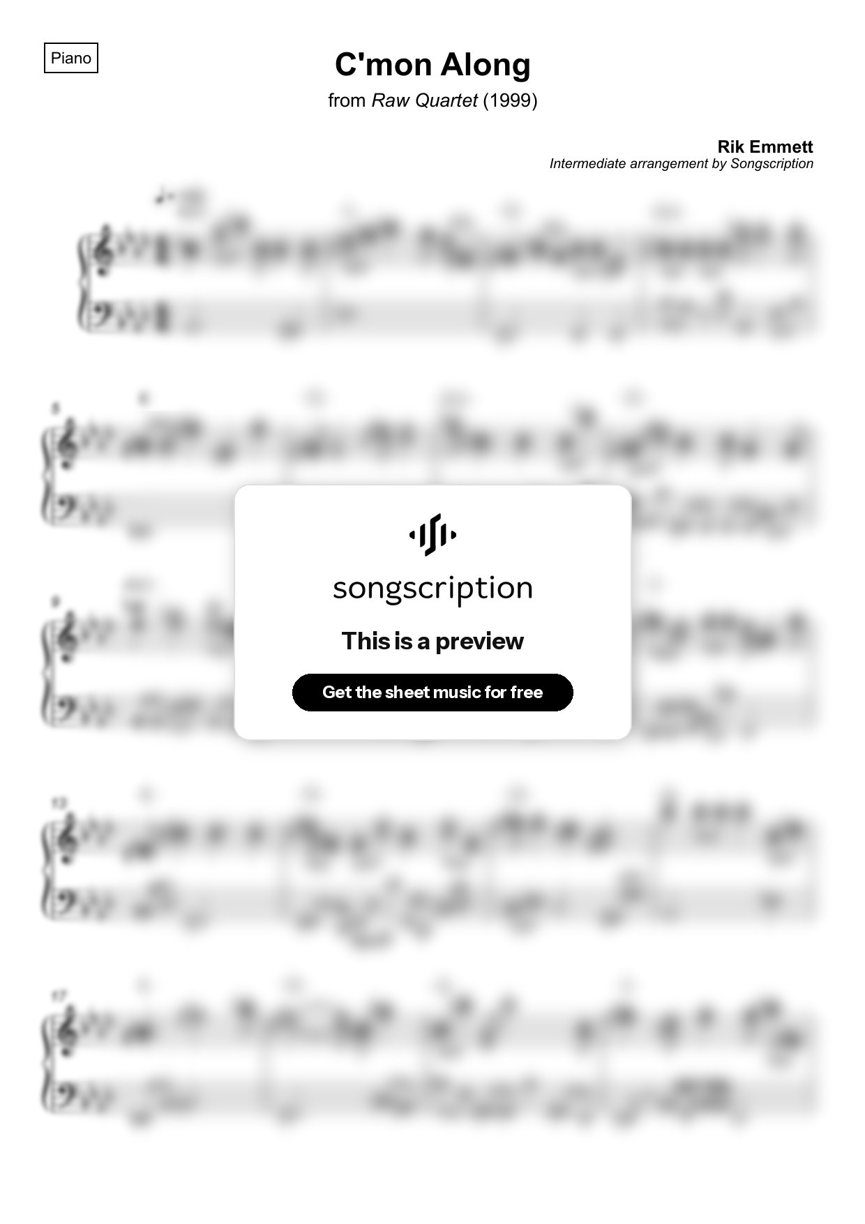 Intermediate Piano Sheet Music for "C'mon Along" by Rik Emmett