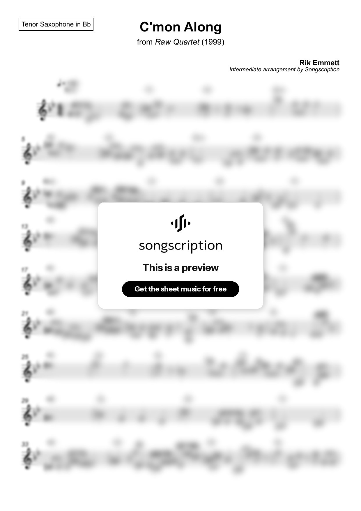 Intermediate Tenor Sax Sheet Music for "C'mon Along" by Rik Emmett