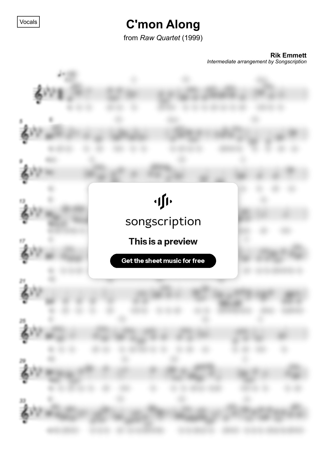 Intermediate Vocals Sheet Music for "C'mon Along" by Rik Emmett