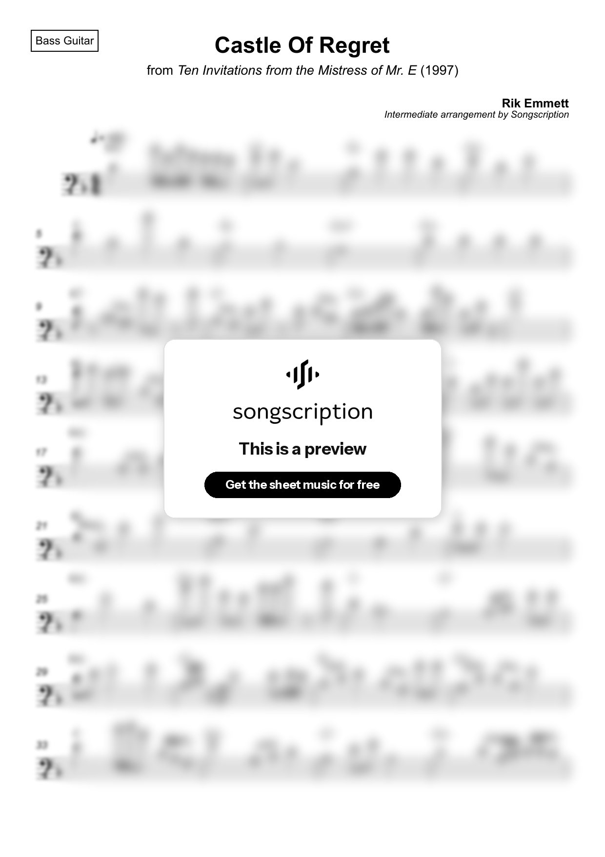 Intermediate Bass Guitar Sheet Music for "Castle Of Regret" by Rik Emmett