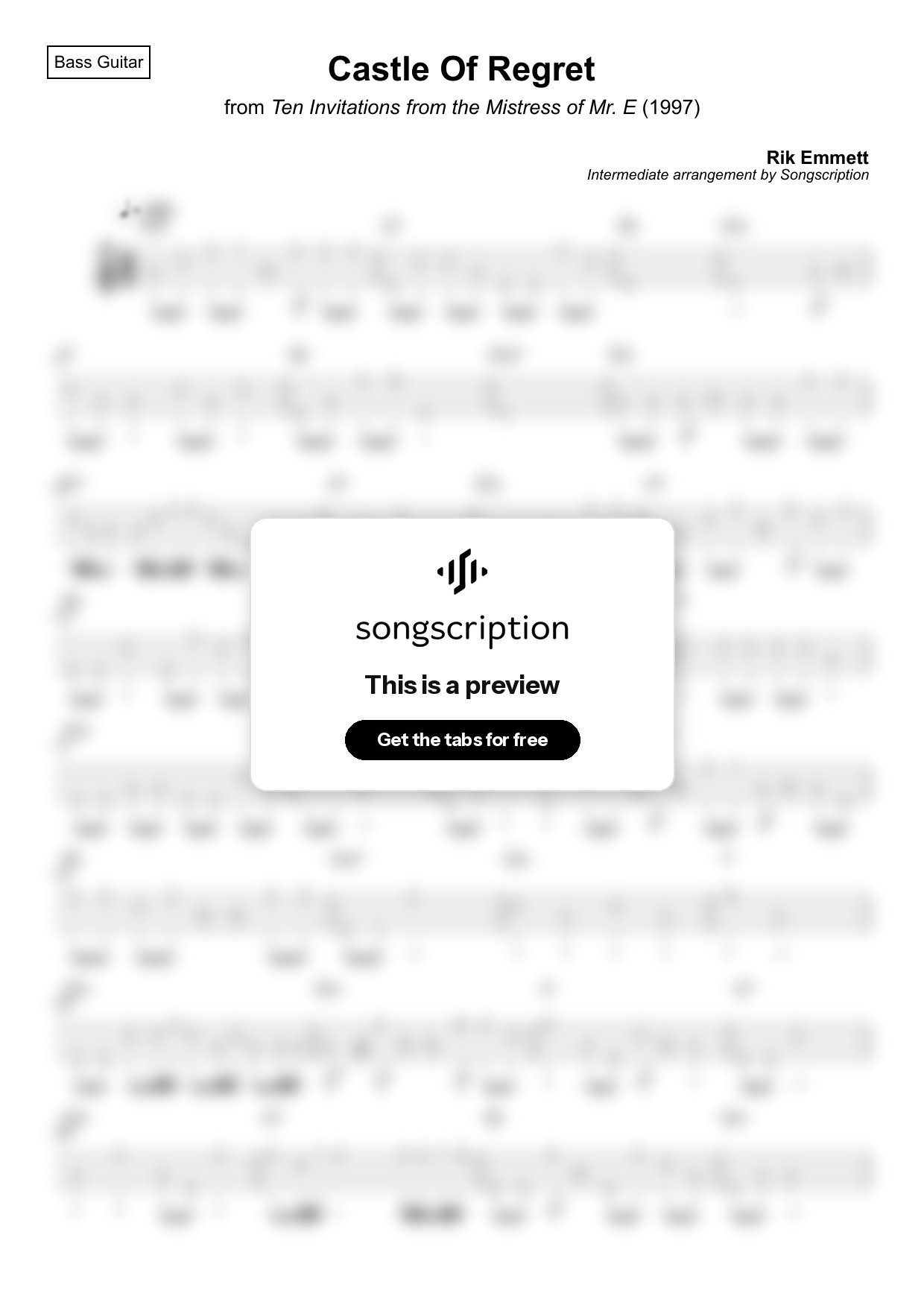 Intermediate Bass Guitar Tabs for "Castle Of Regret" by Rik Emmett