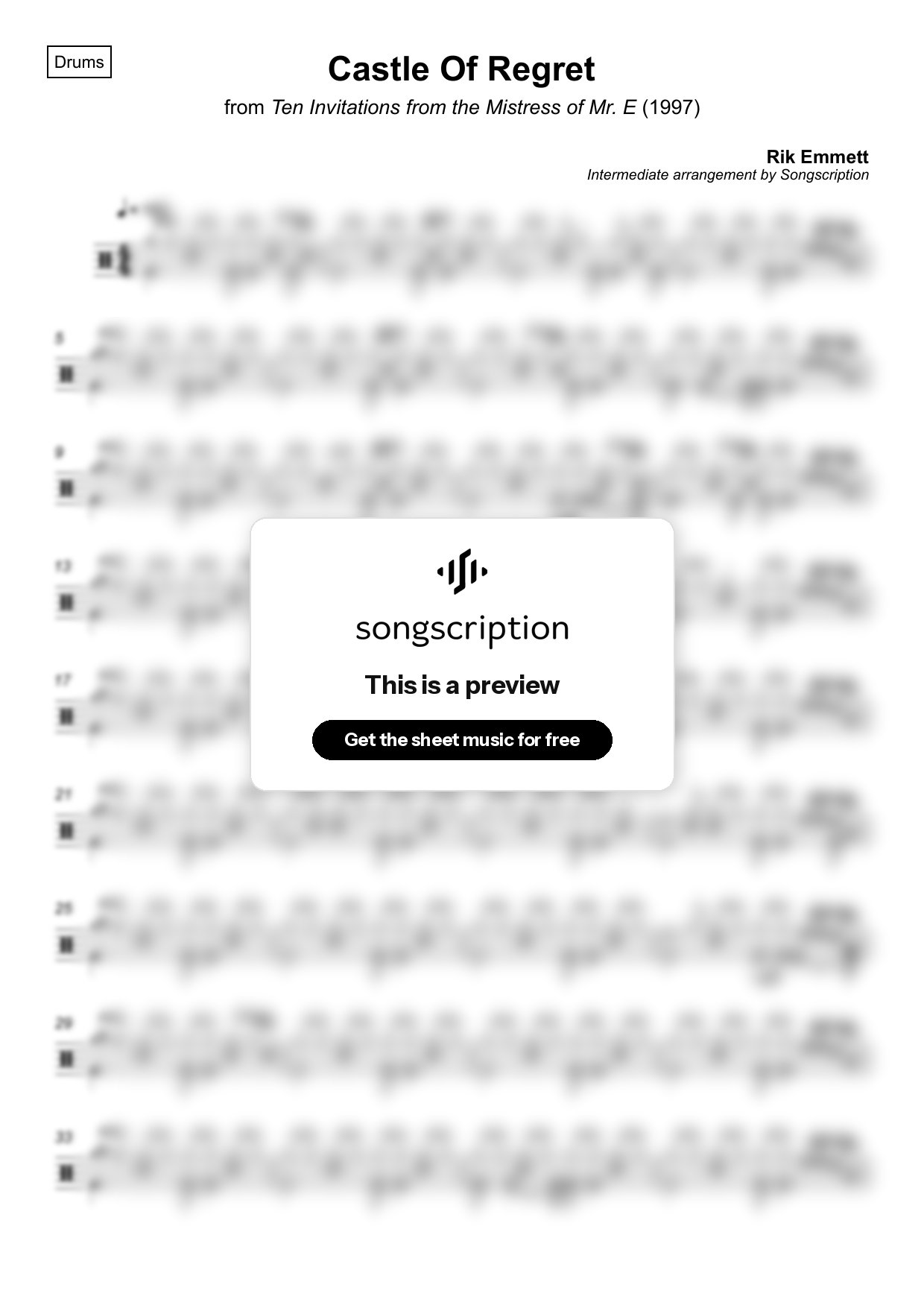 Intermediate Drums Sheet Music for "Castle Of Regret" by Rik Emmett