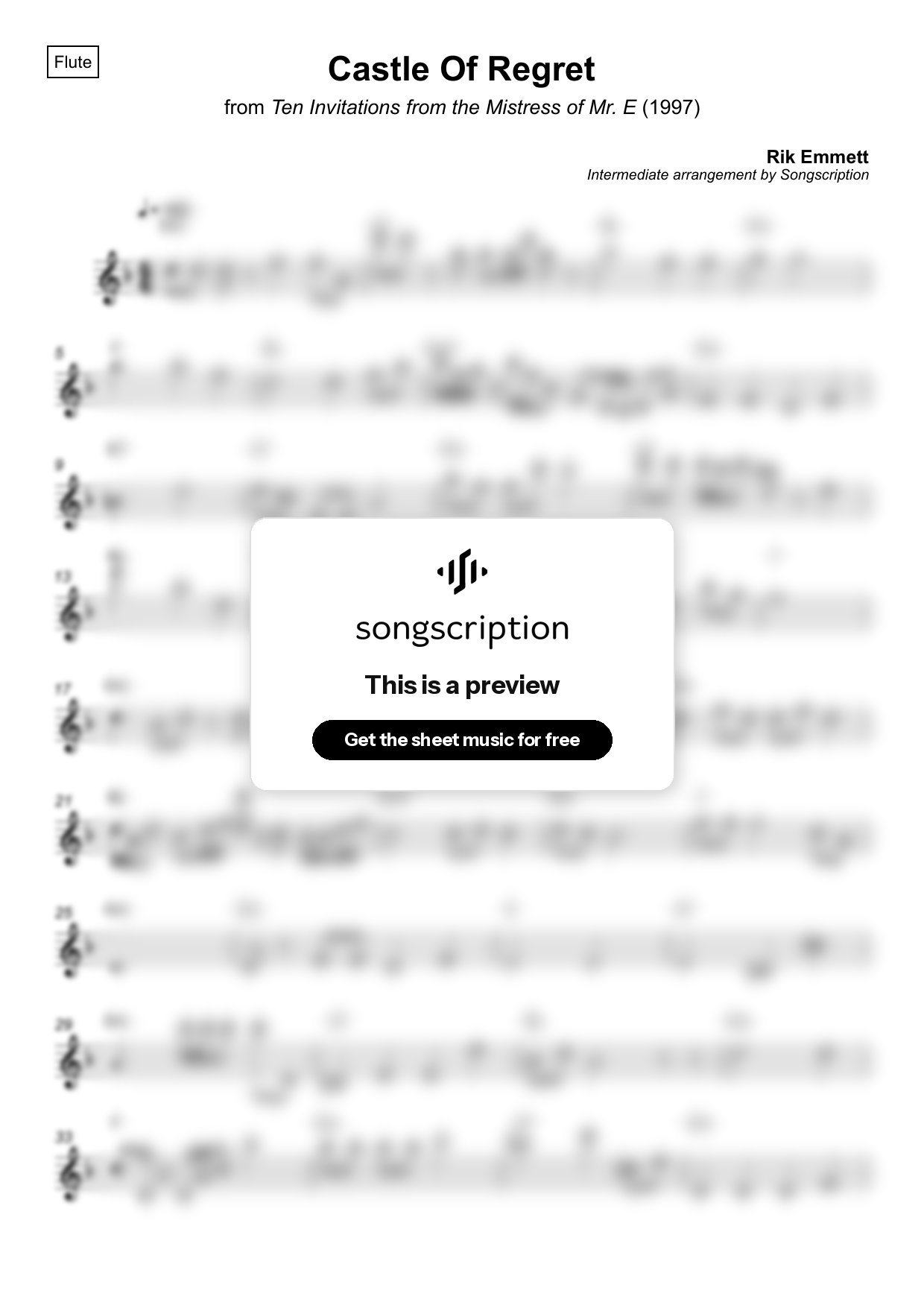 Intermediate Flute Sheet Music for "Castle Of Regret" by Rik Emmett
