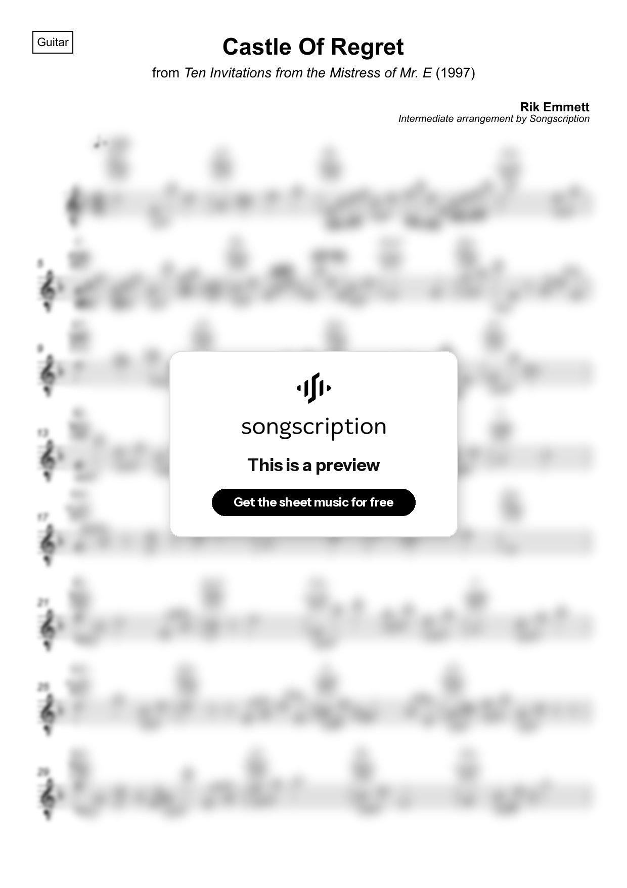 Intermediate Acoustic Guitar Sheet Music for "Castle Of Regret" by Rik Emmett