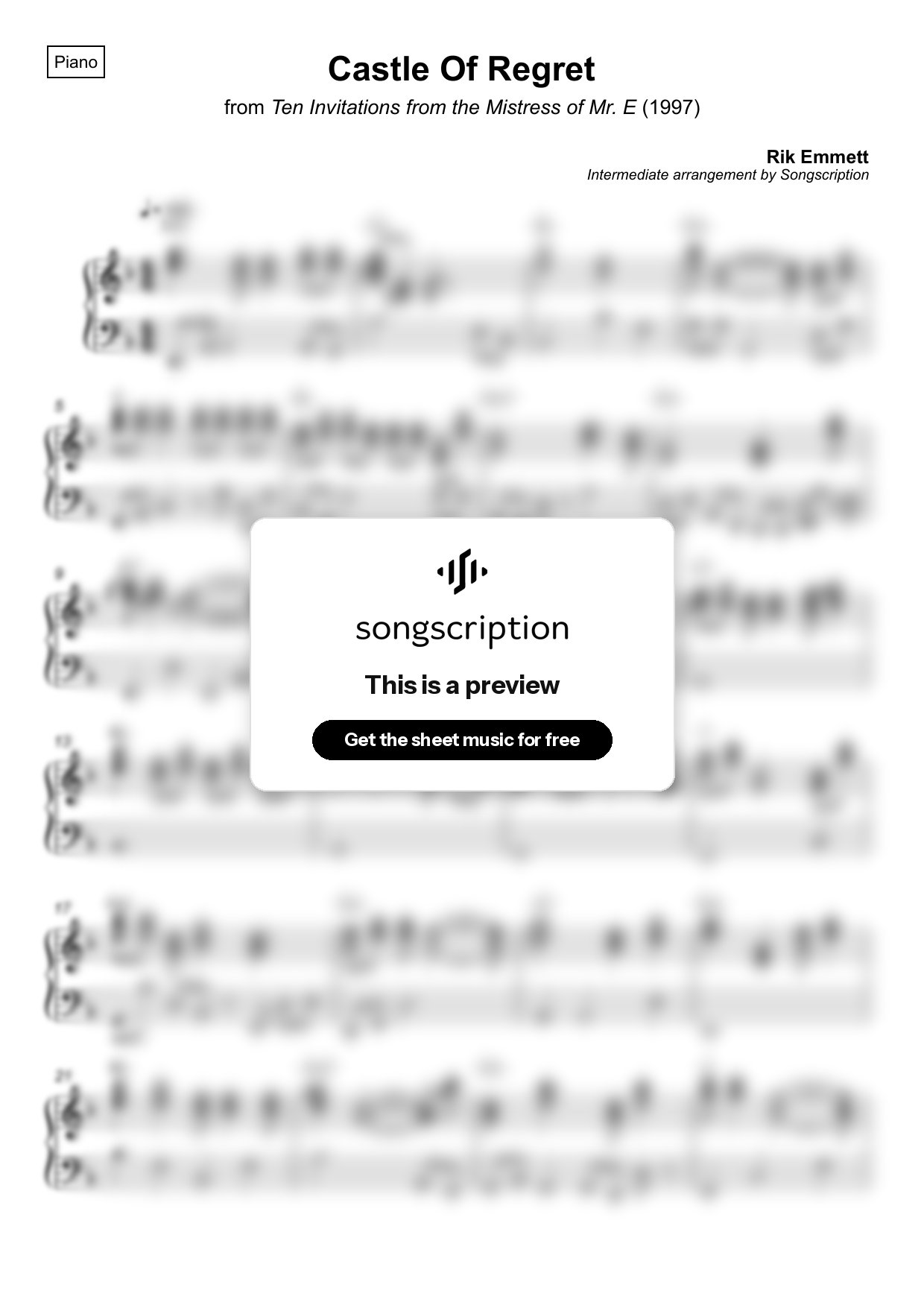 Intermediate Piano Sheet Music for "Castle Of Regret" by Rik Emmett
