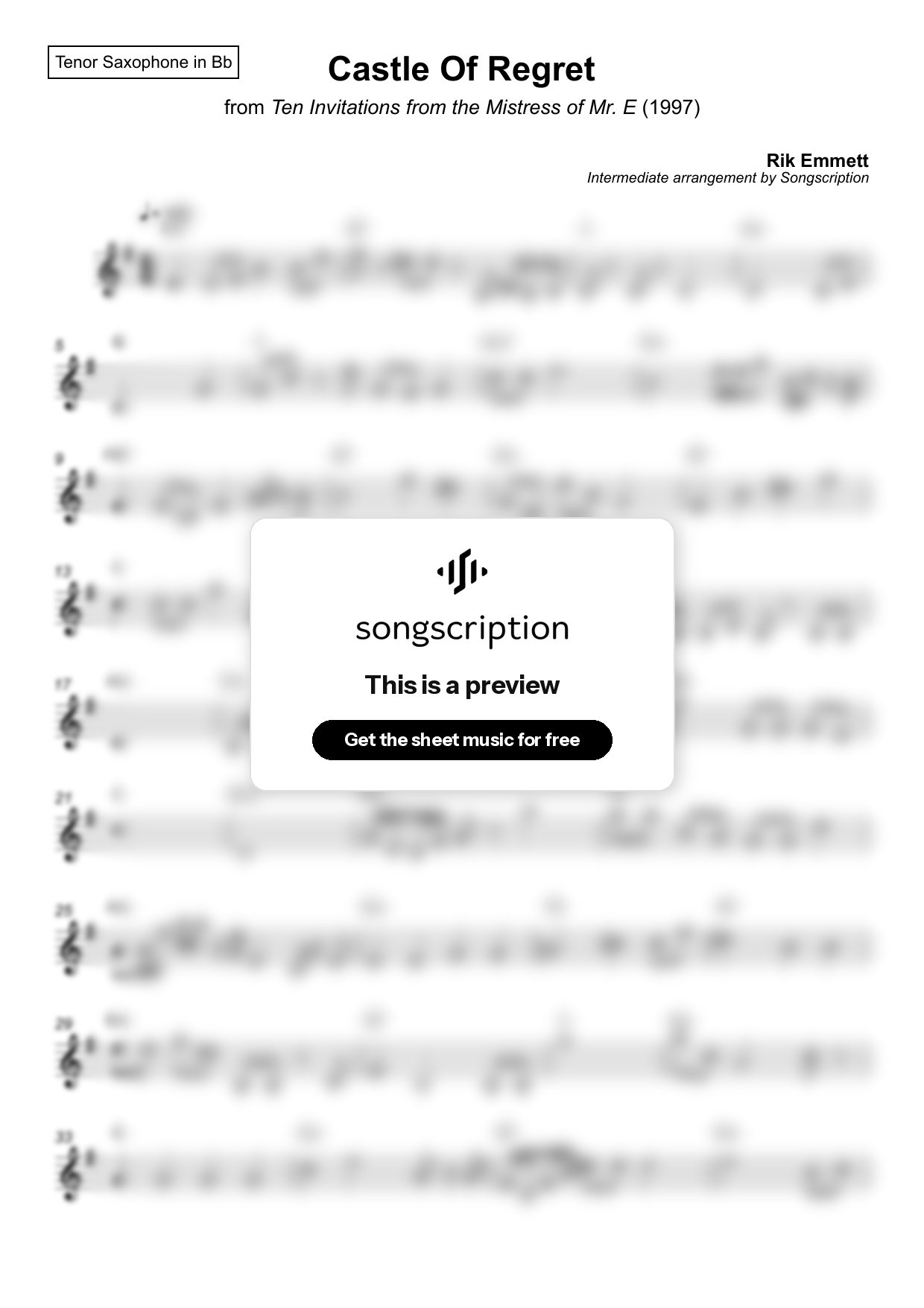 Intermediate Tenor Sax Sheet Music for "Castle Of Regret" by Rik Emmett