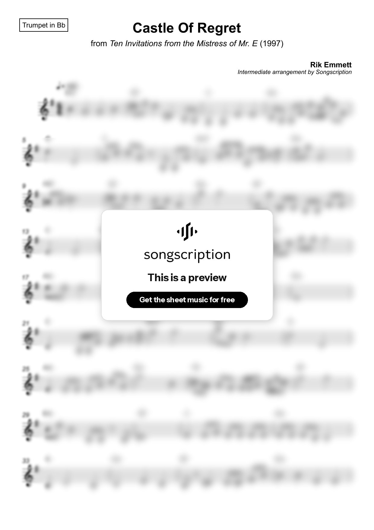 Intermediate Trumpet Sheet Music for "Castle Of Regret" by Rik Emmett