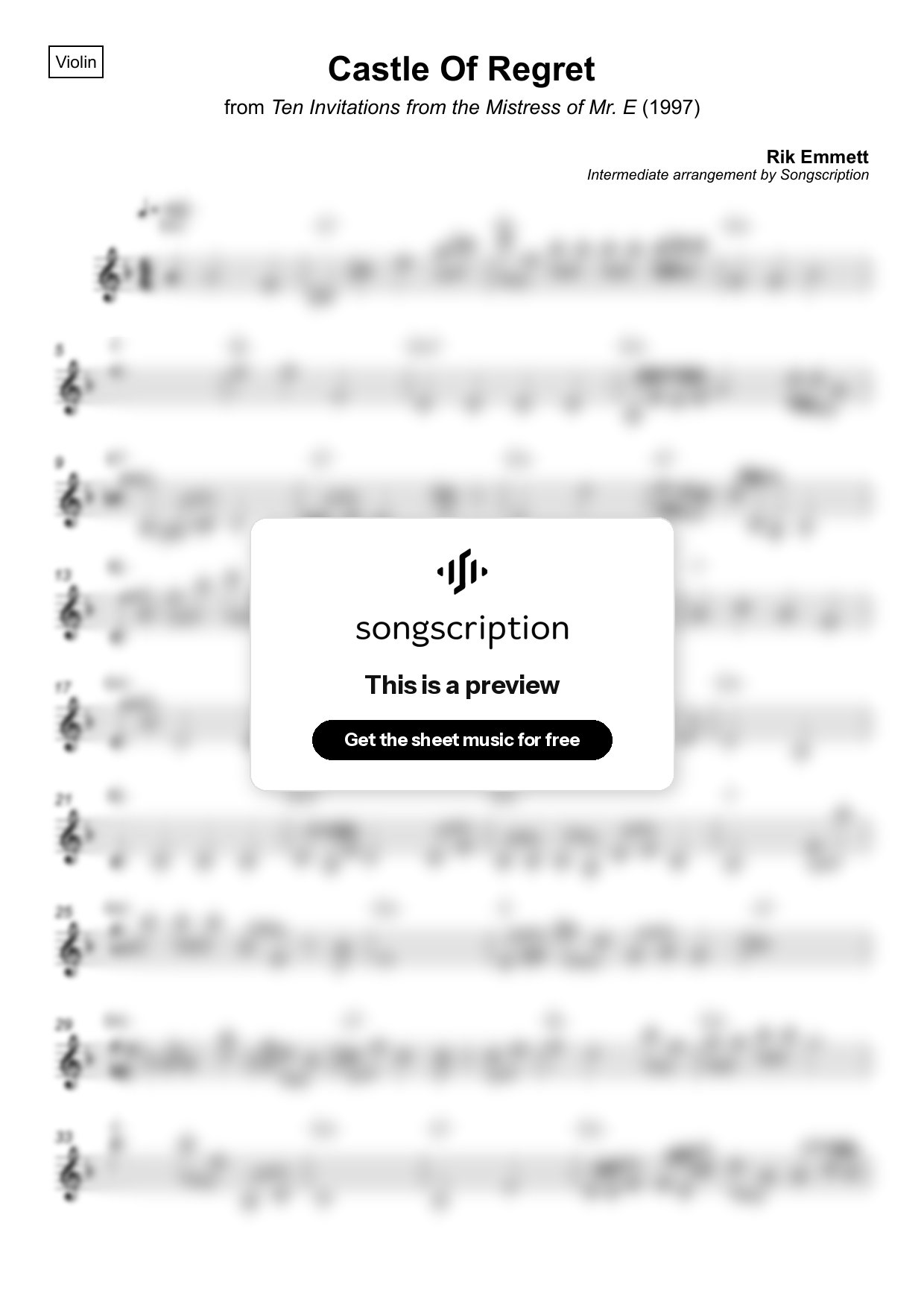 Intermediate Violin Sheet Music for "Castle Of Regret" by Rik Emmett