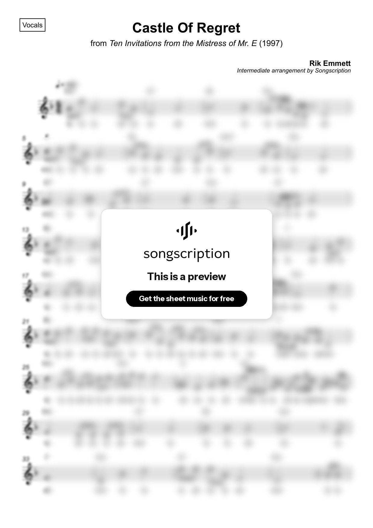 Intermediate Vocals Sheet Music for "Castle Of Regret" by Rik Emmett