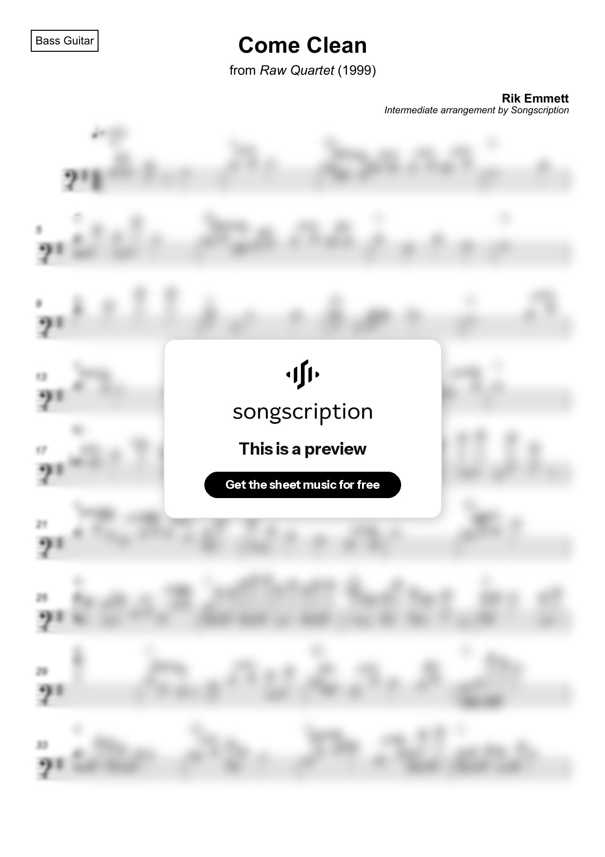 Intermediate Bass Guitar Sheet Music for "Come Clean" by Rik Emmett