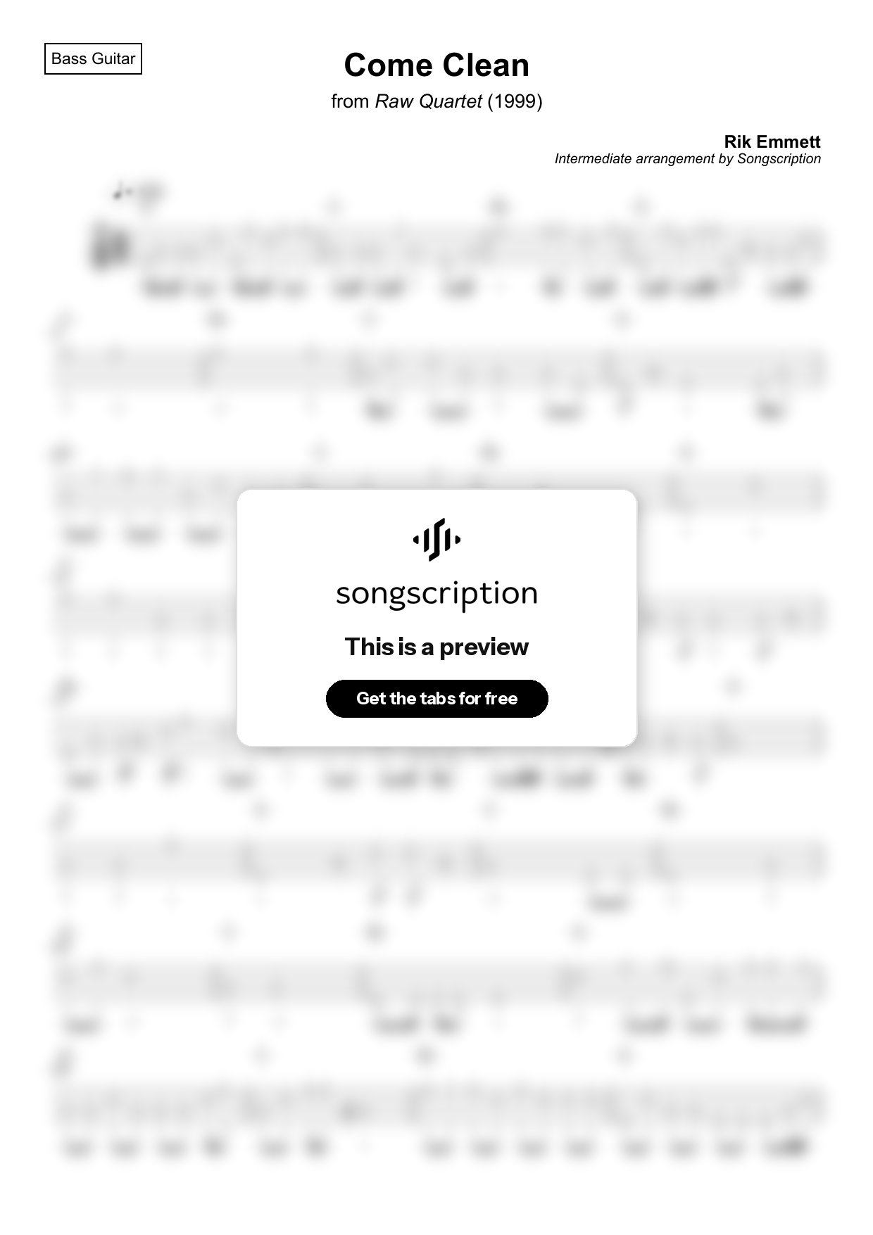 Intermediate Bass Guitar Tabs for "Come Clean" by Rik Emmett
