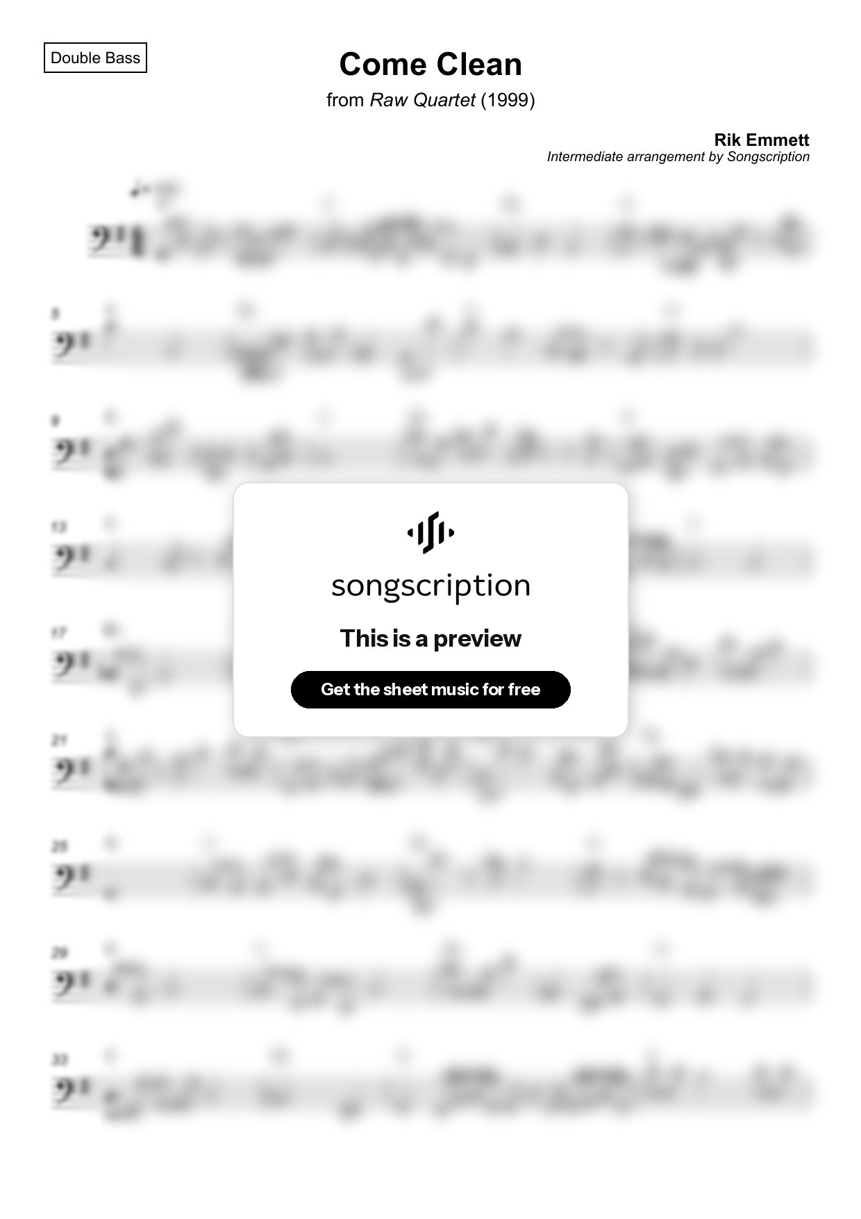 Intermediate Double Bass Sheet Music for "Come Clean" by Rik Emmett