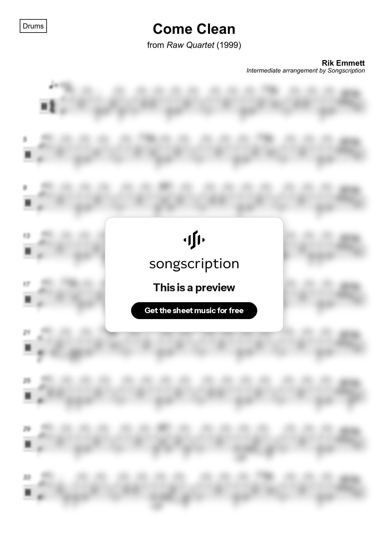 Intermediate Drums Sheet Music for "Come Clean" by Rik Emmett