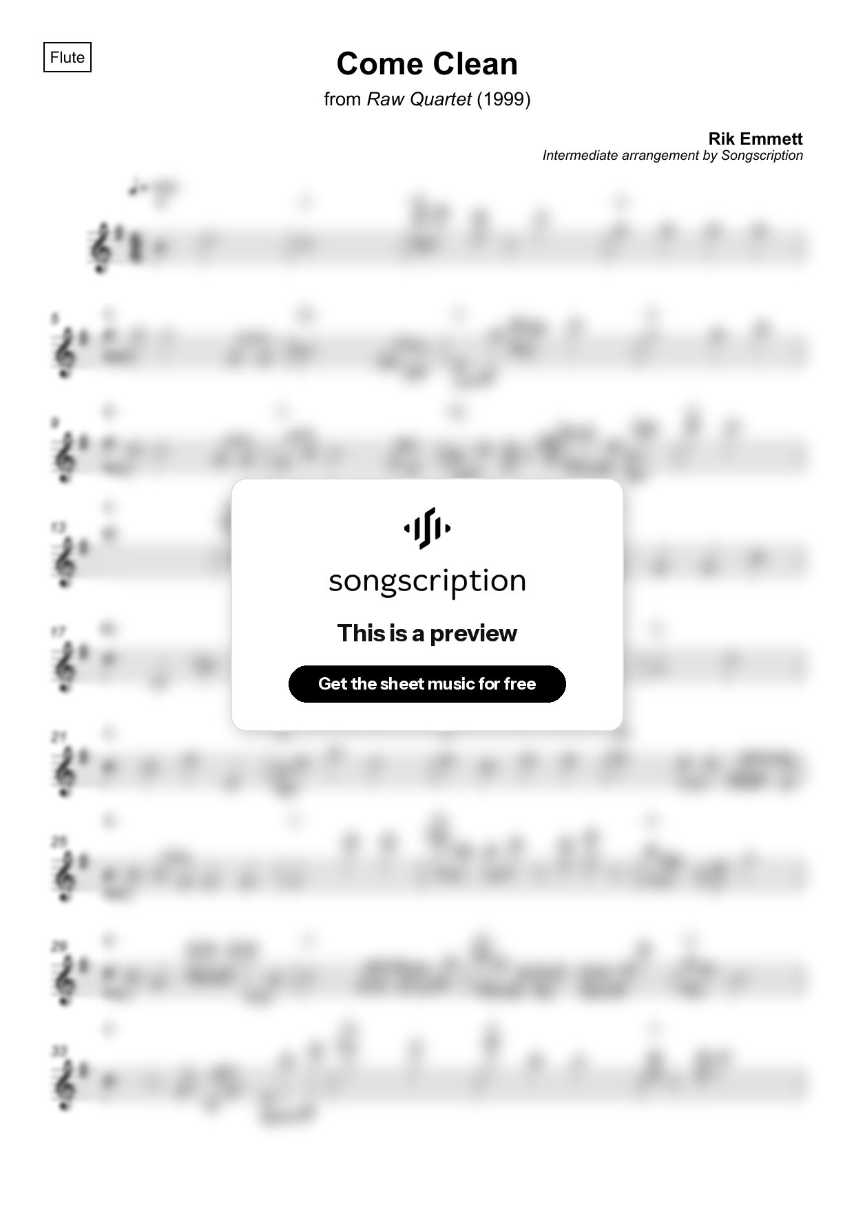 Intermediate Flute Sheet Music for "Come Clean" by Rik Emmett