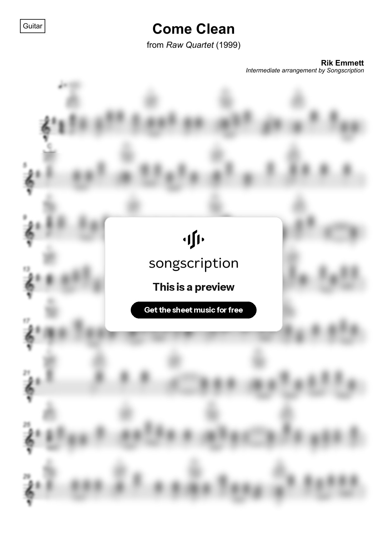 Intermediate Acoustic Guitar Sheet Music for "Come Clean" by Rik Emmett