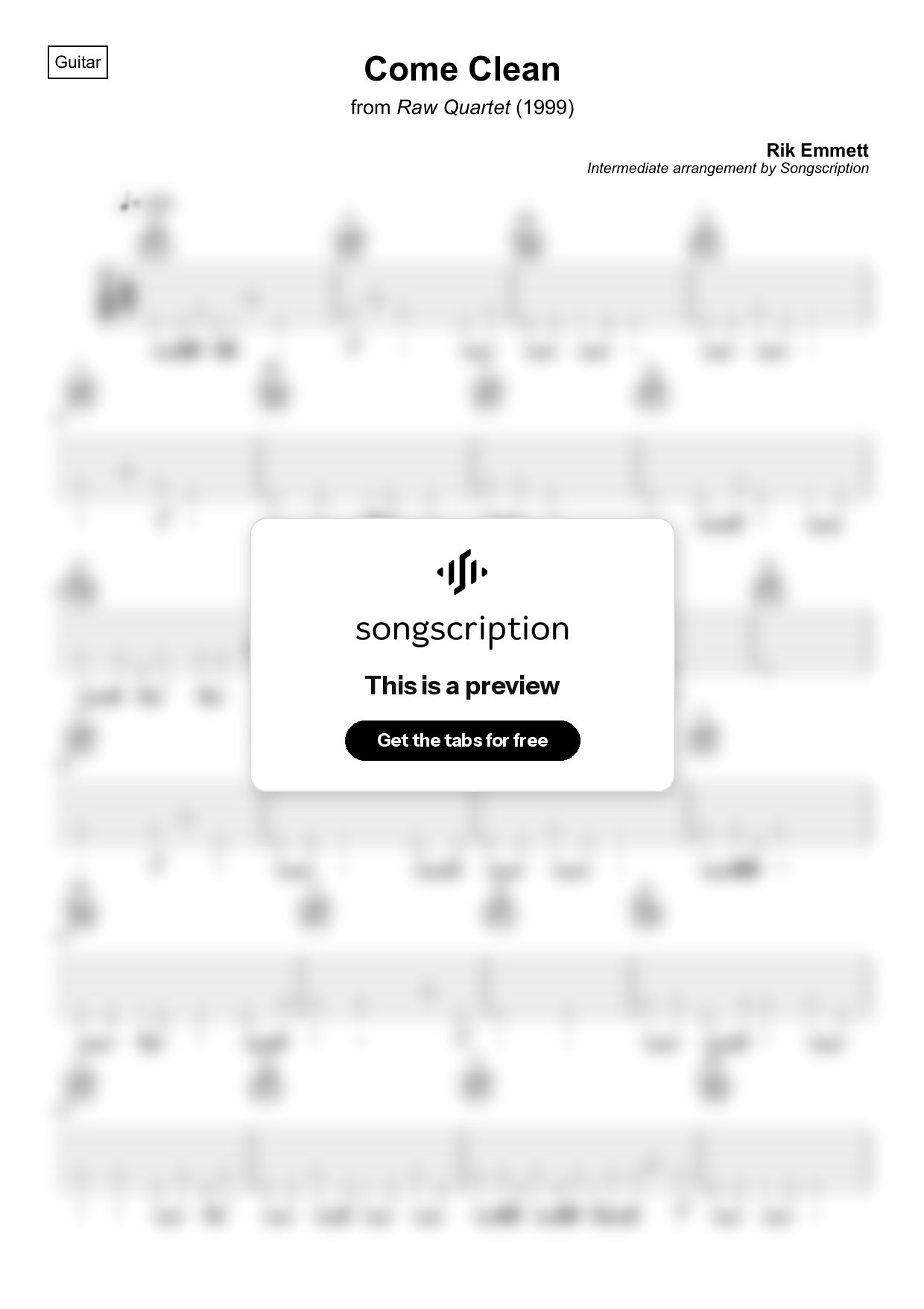 Intermediate Acoustic Guitar Tabs for "Come Clean" by Rik Emmett