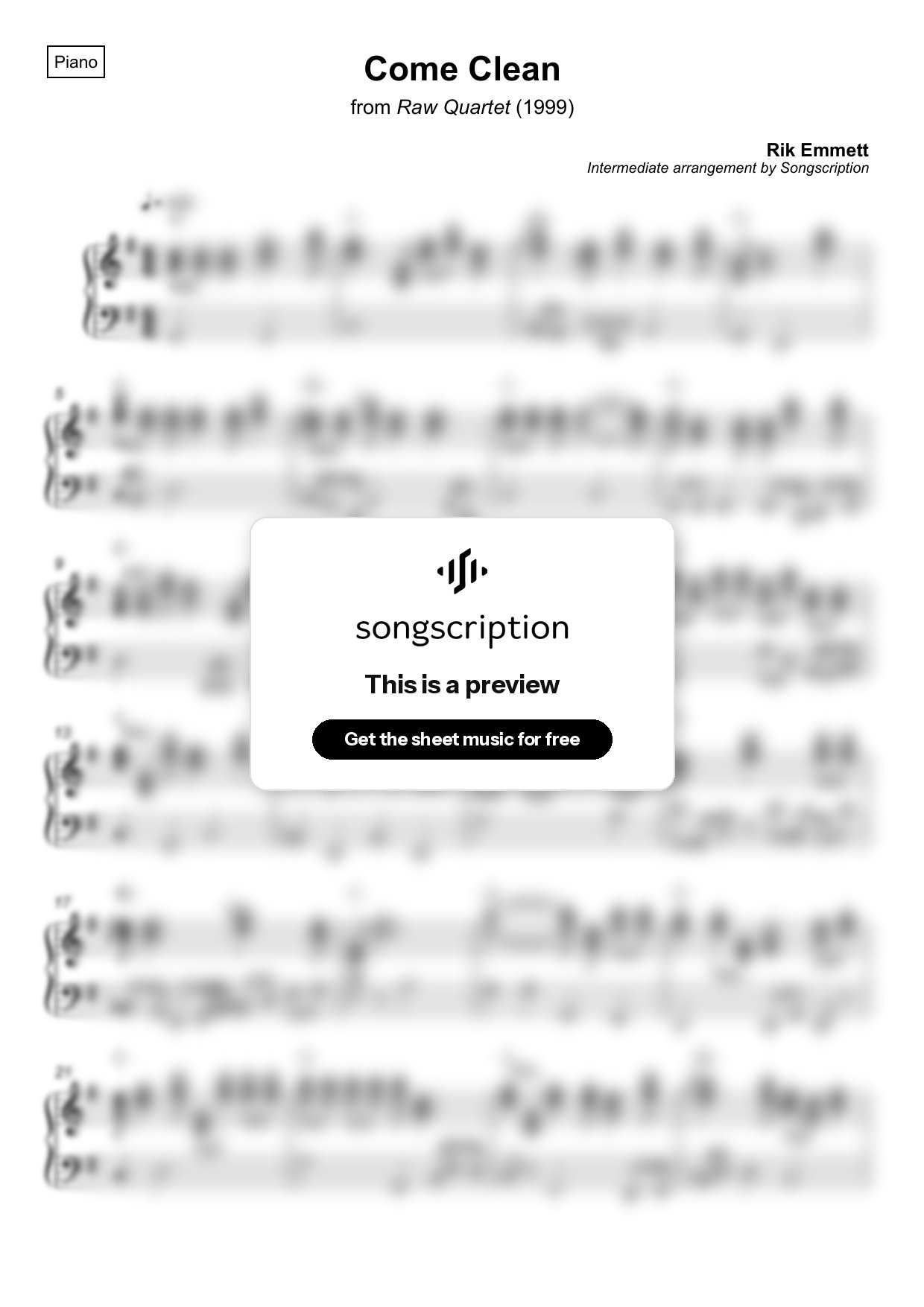 Intermediate Piano Sheet Music for "Come Clean" by Rik Emmett