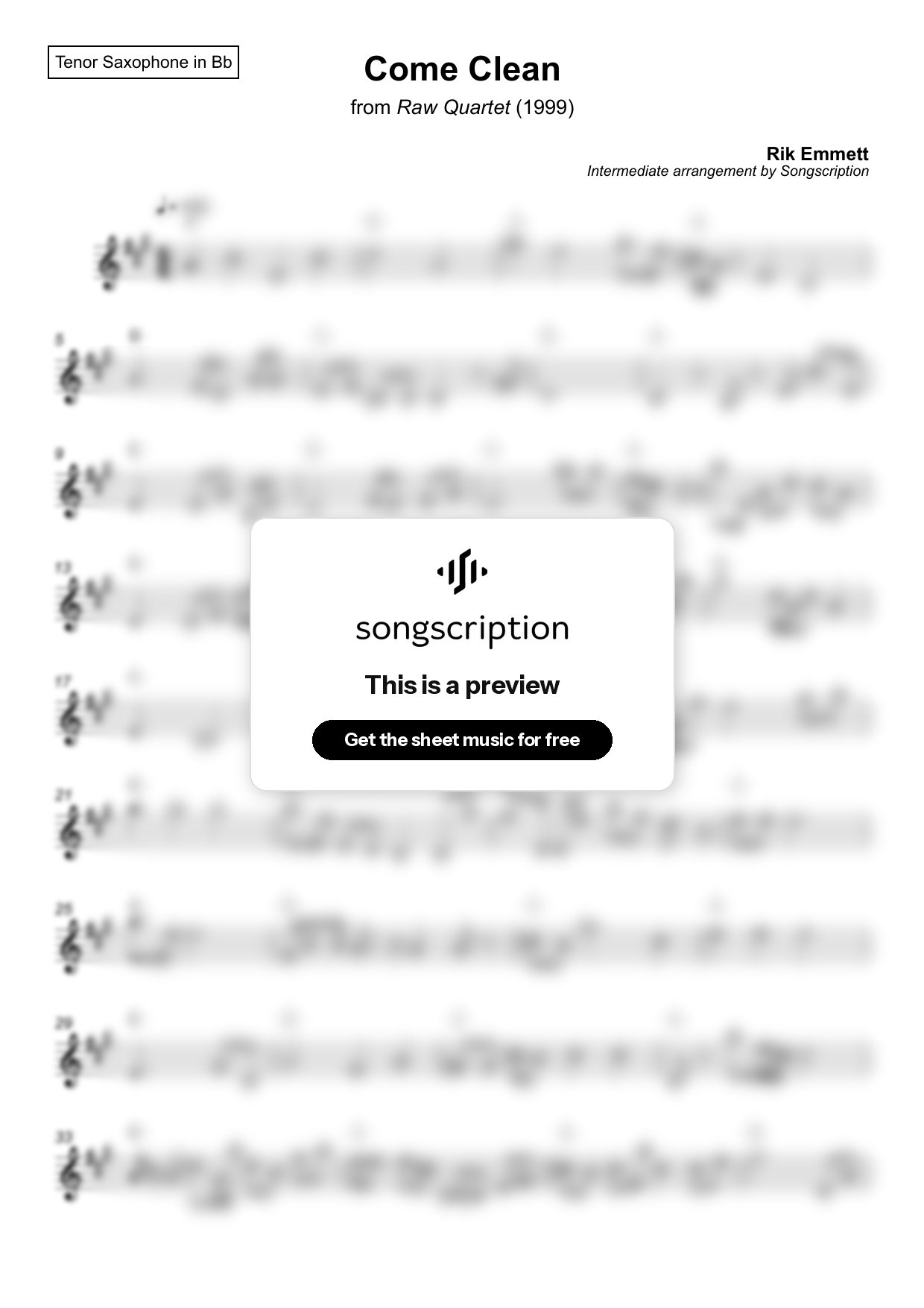 Intermediate Tenor Sax Sheet Music for "Come Clean" by Rik Emmett