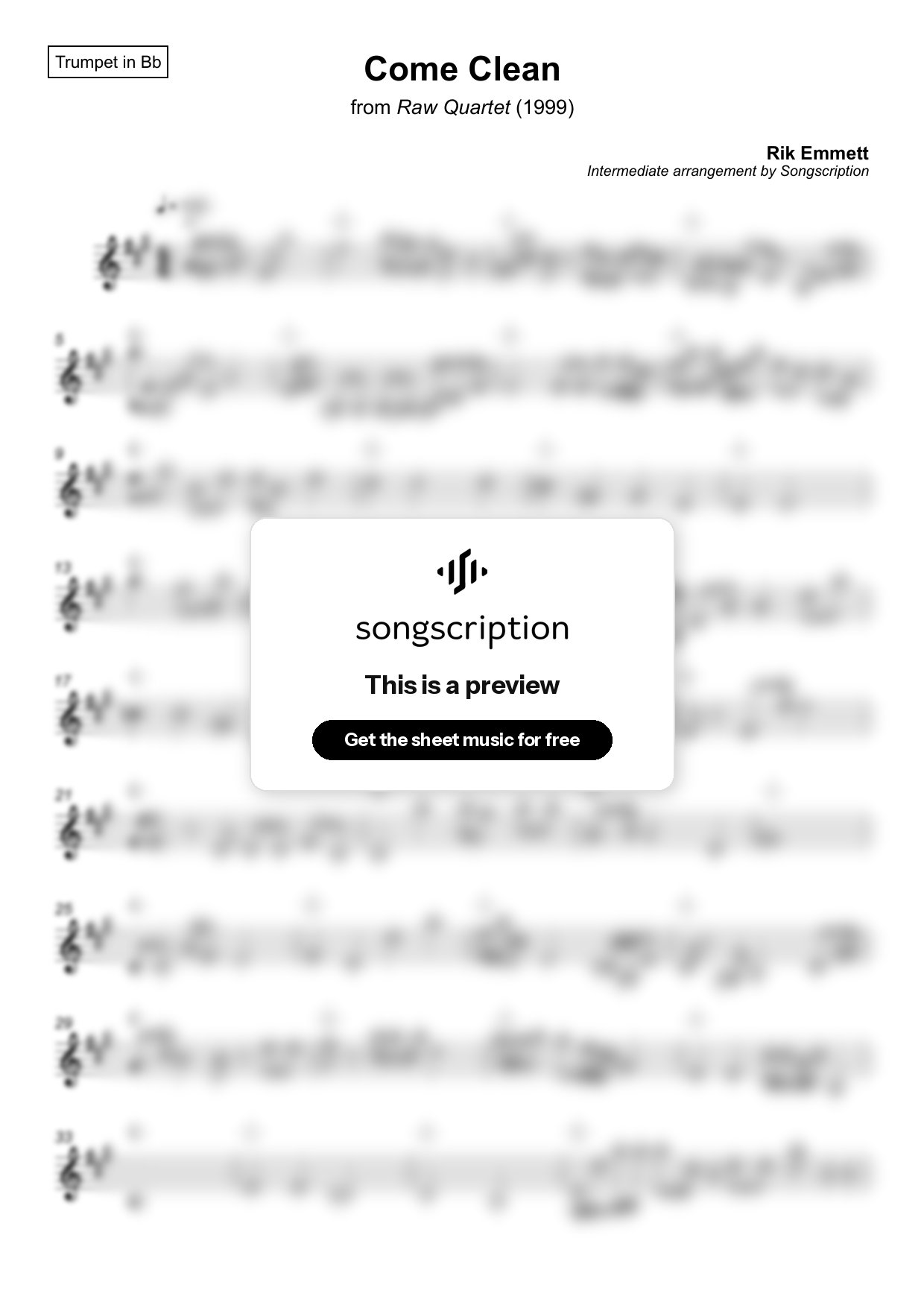 Intermediate Trumpet Sheet Music for "Come Clean" by Rik Emmett