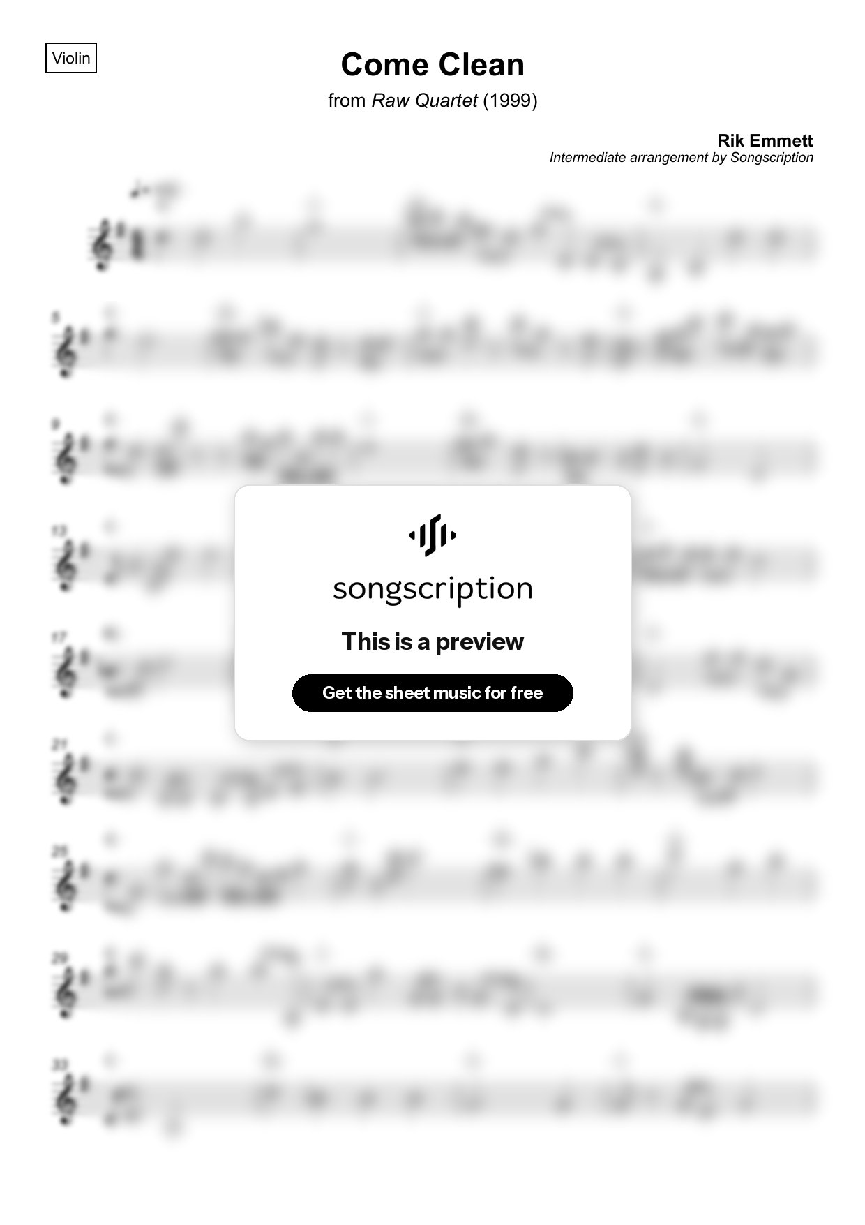 Intermediate Violin Sheet Music for "Come Clean" by Rik Emmett