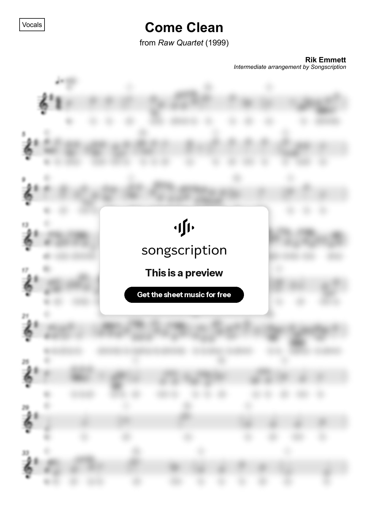 Intermediate Vocals Sheet Music for "Come Clean" by Rik Emmett