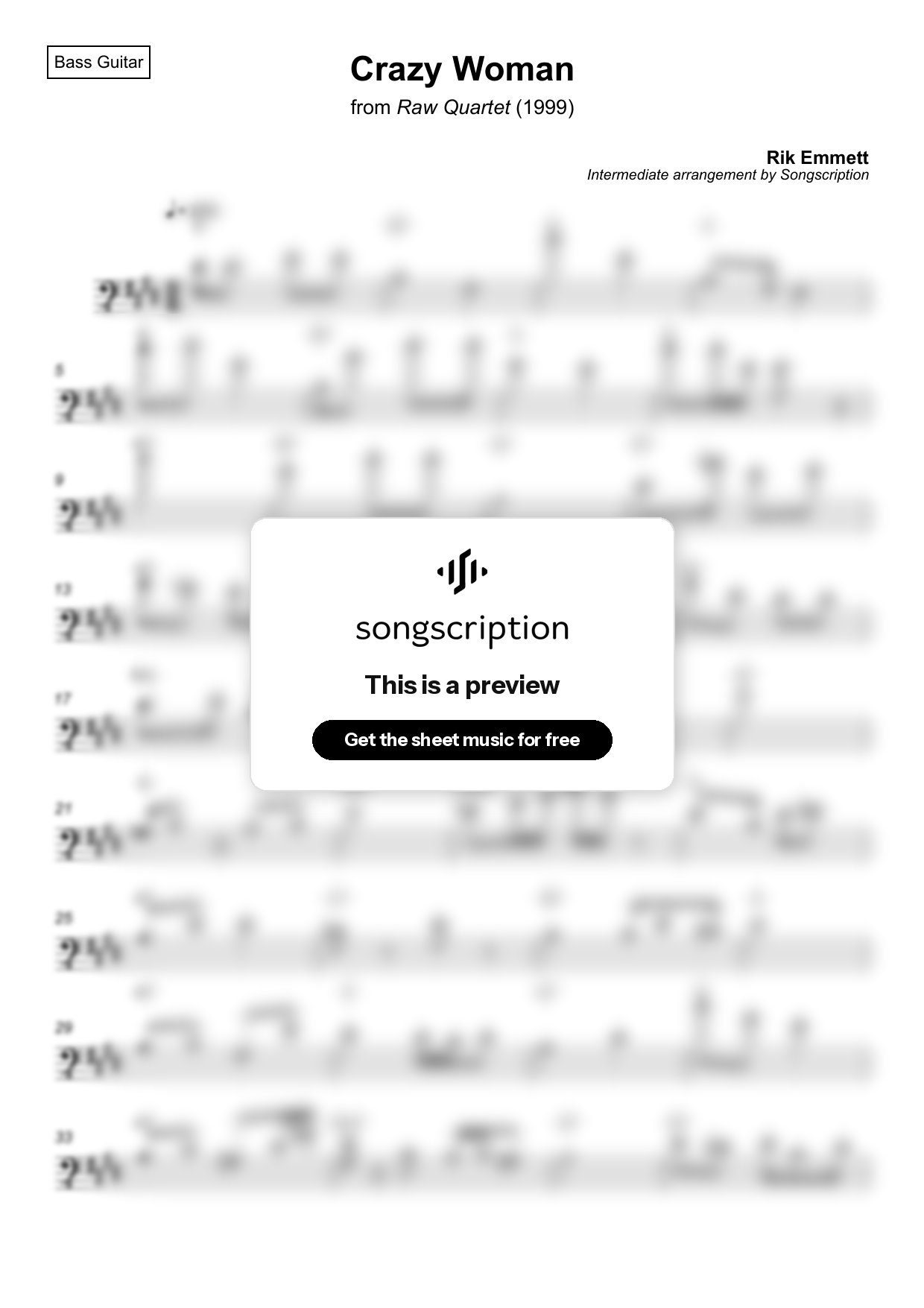 Intermediate Bass Guitar Sheet Music for "Crazy Woman" by Rik Emmett