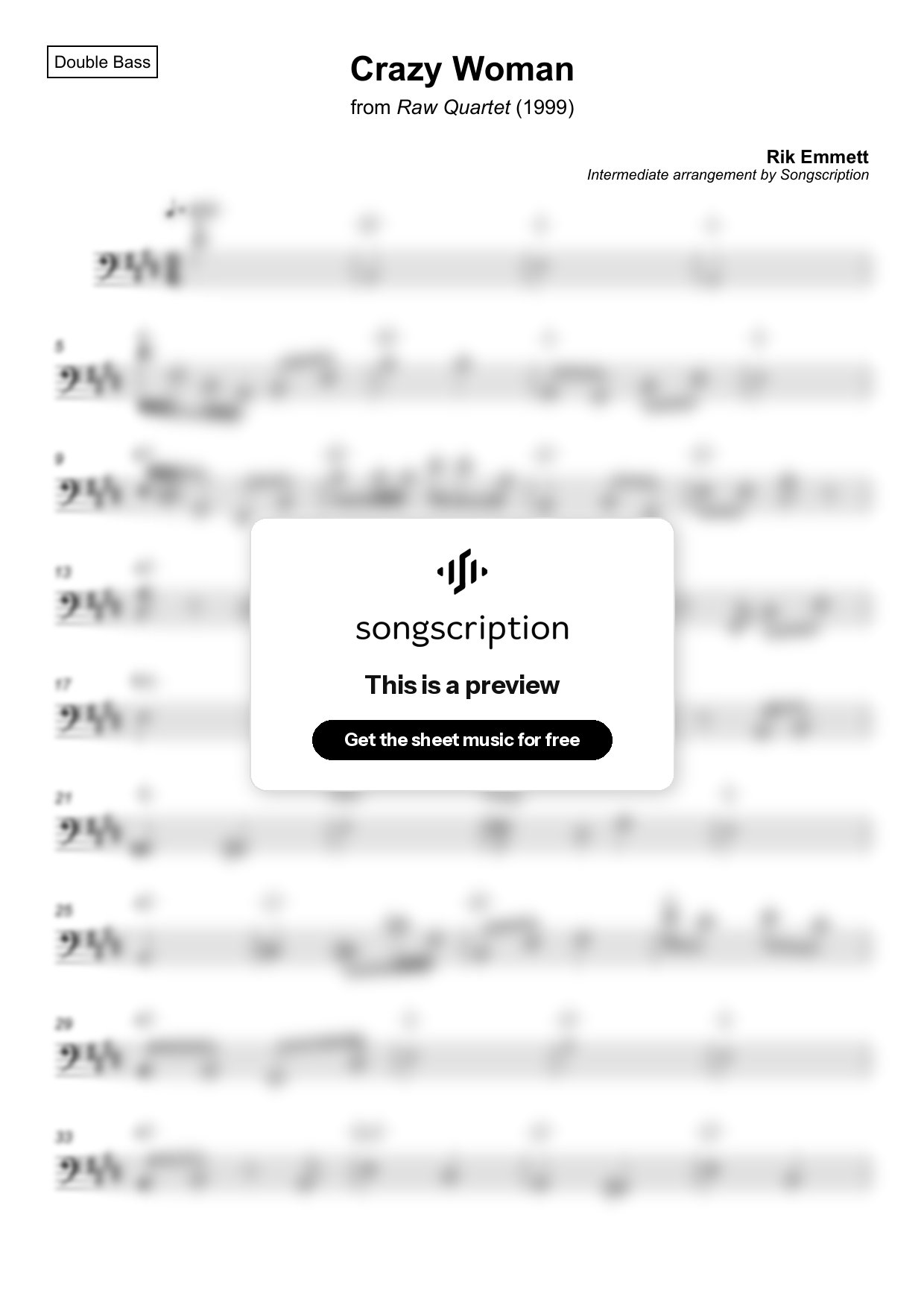 Intermediate Double Bass Sheet Music for "Crazy Woman" by Rik Emmett