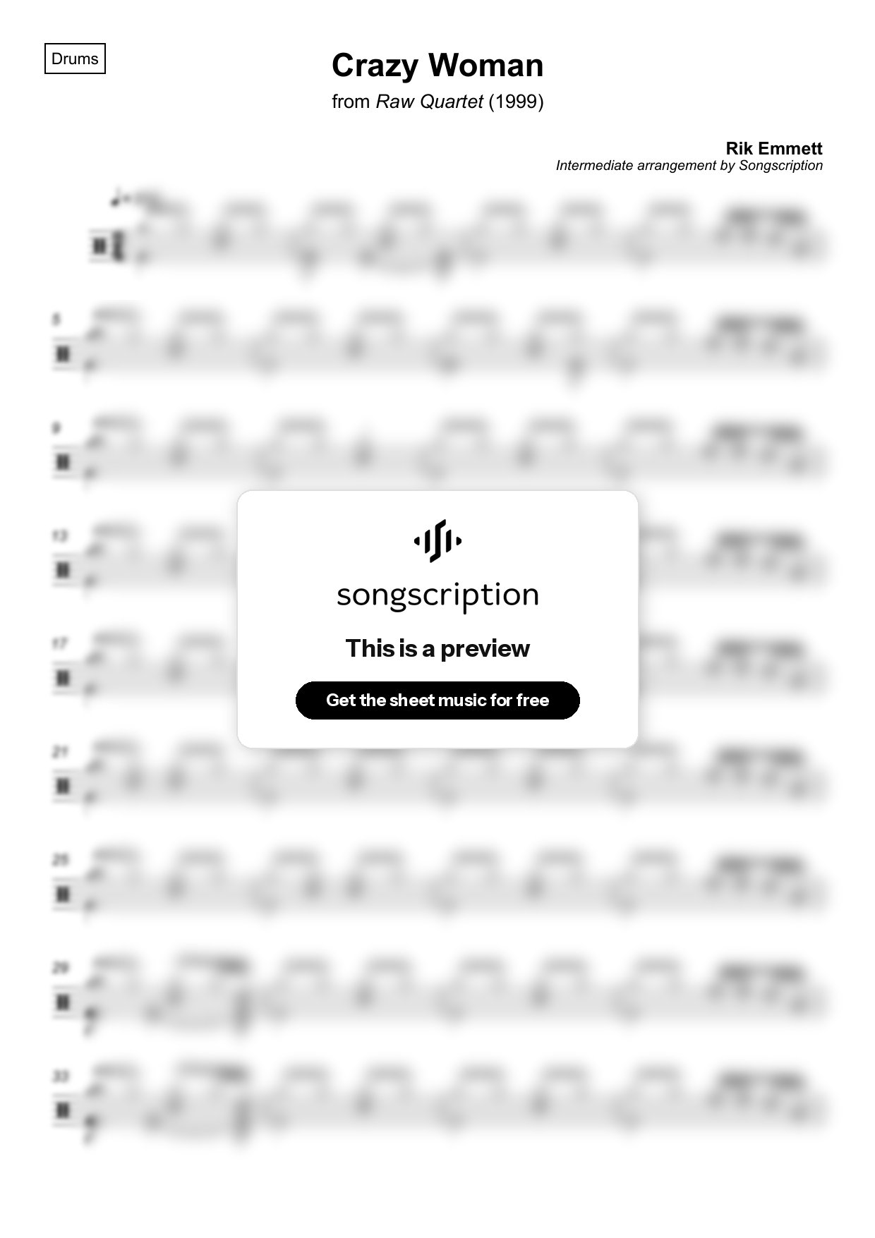 Intermediate Drums Sheet Music for "Crazy Woman" by Rik Emmett