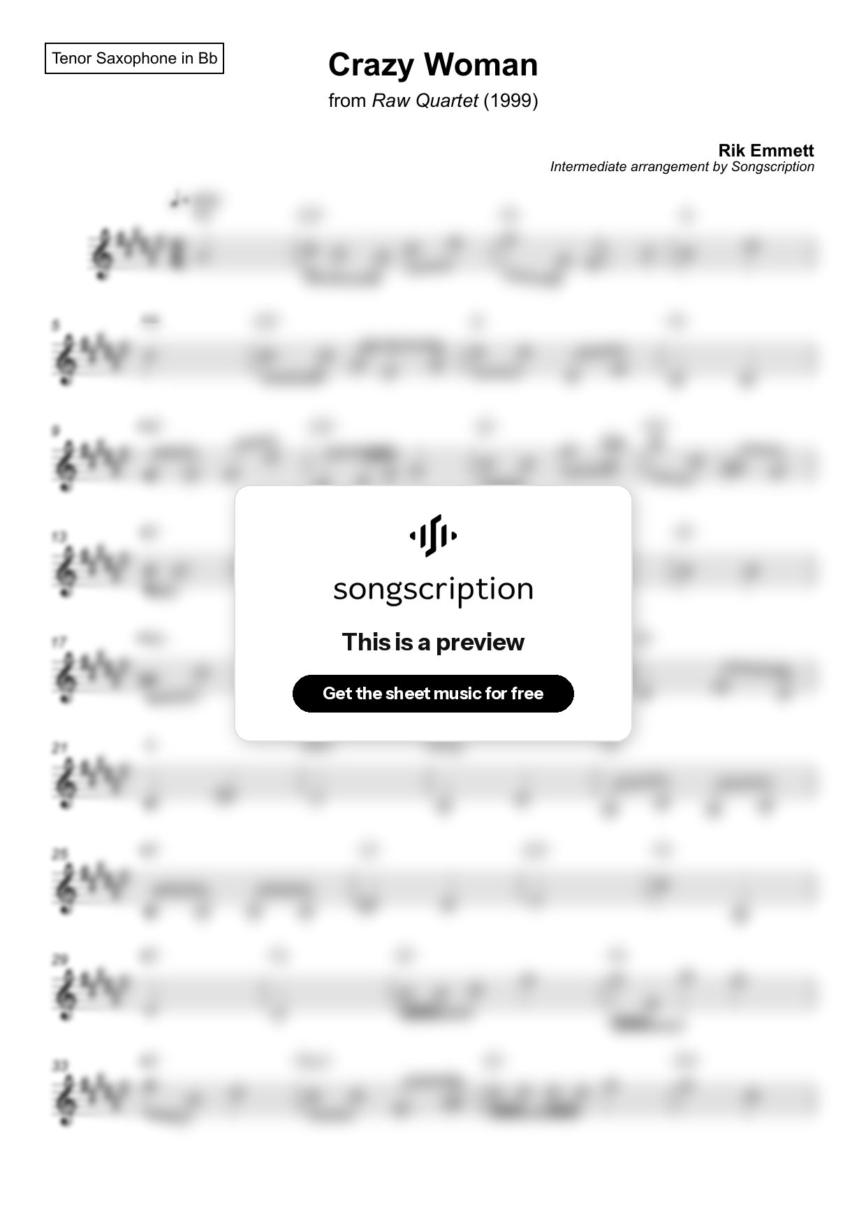 Intermediate Tenor Sax Sheet Music for "Crazy Woman" by Rik Emmett