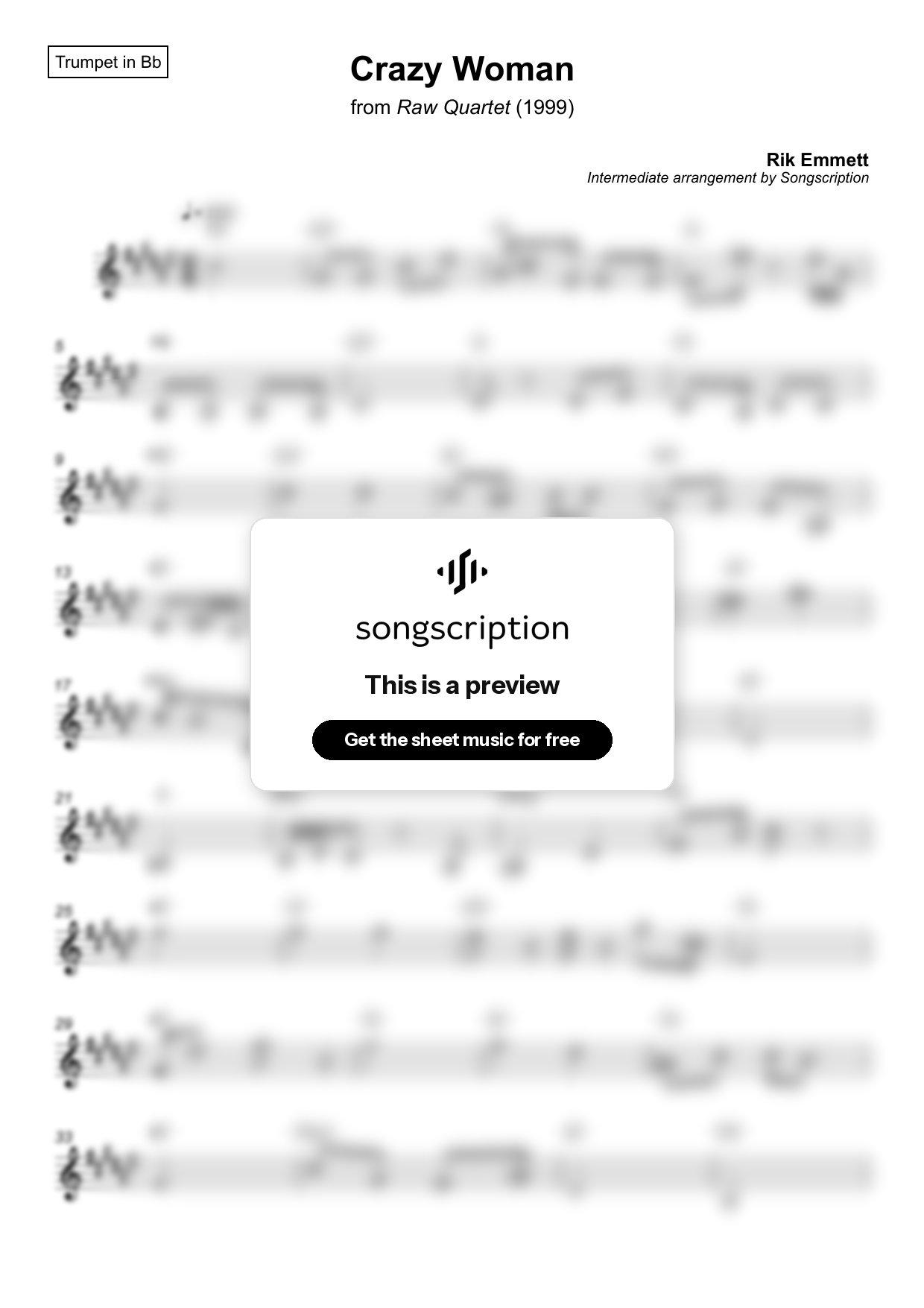 Intermediate Trumpet Sheet Music for "Crazy Woman" by Rik Emmett