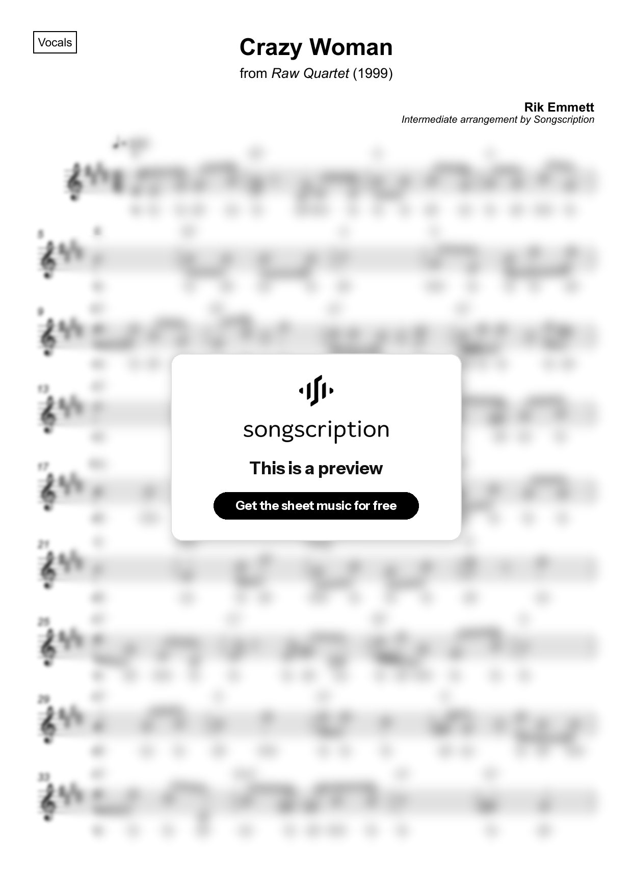 Intermediate Vocals Sheet Music for "Crazy Woman" by Rik Emmett