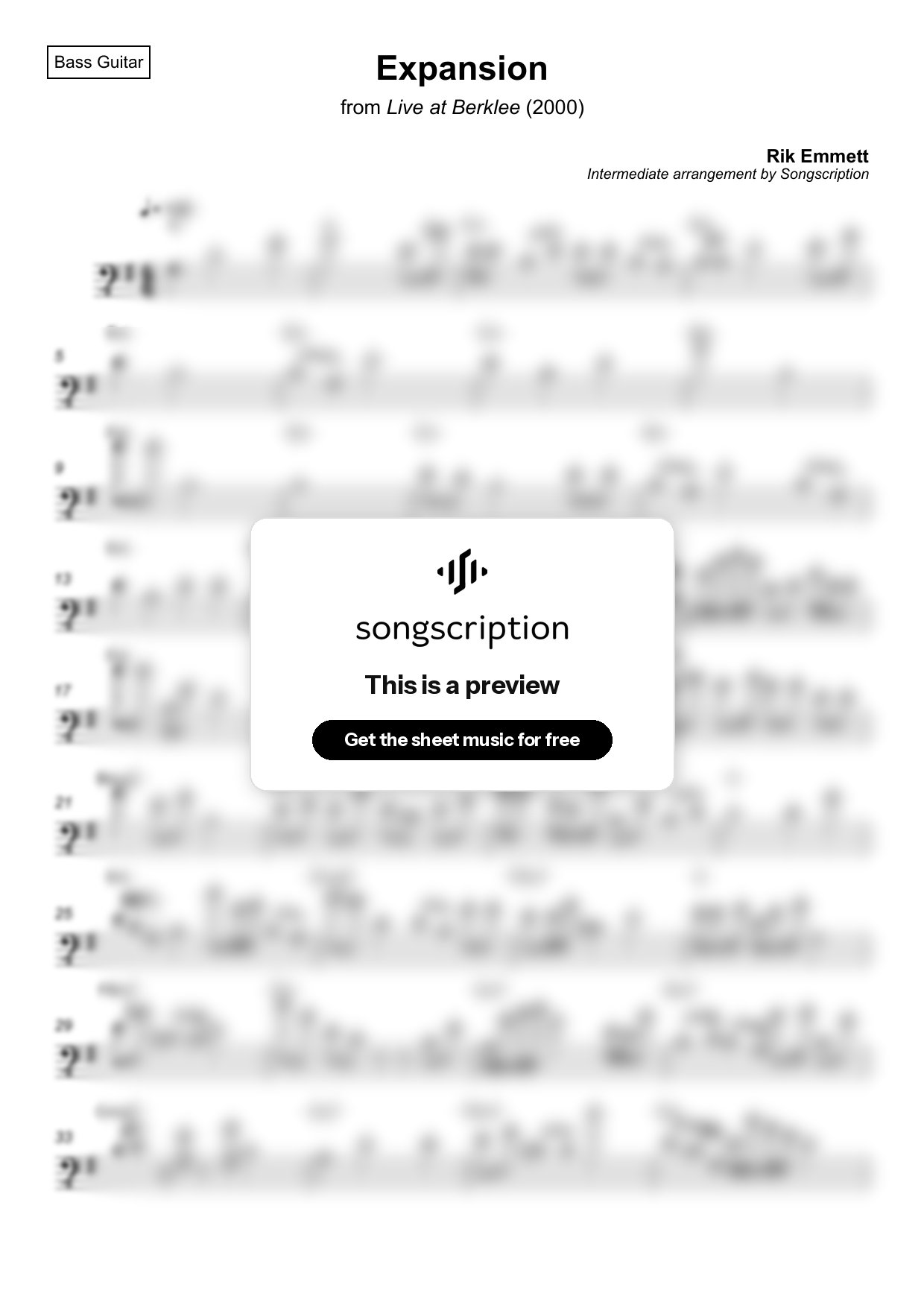 Intermediate Bass Guitar Sheet Music for "Expansion" by Rik Emmett