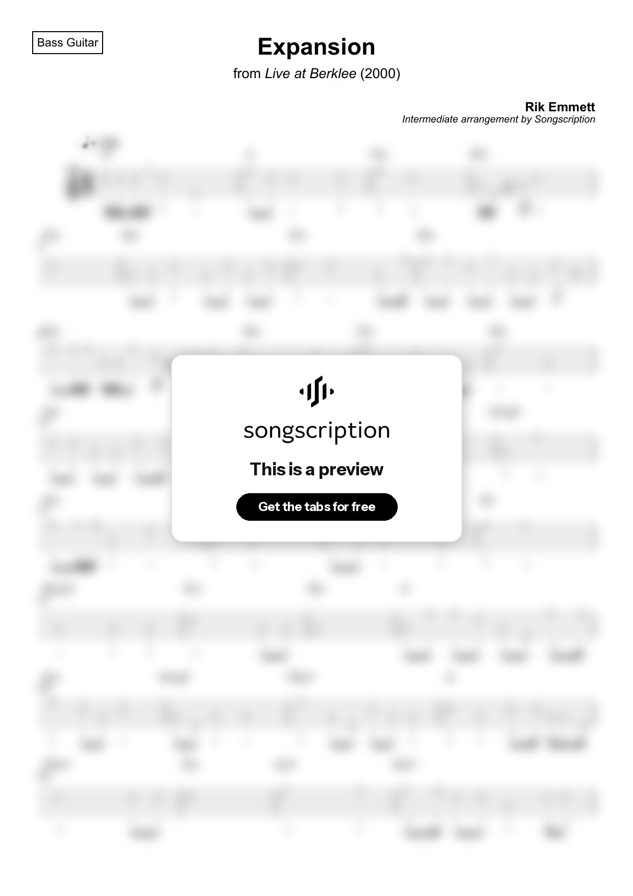Intermediate Bass Guitar Tabs for "Expansion" by Rik Emmett