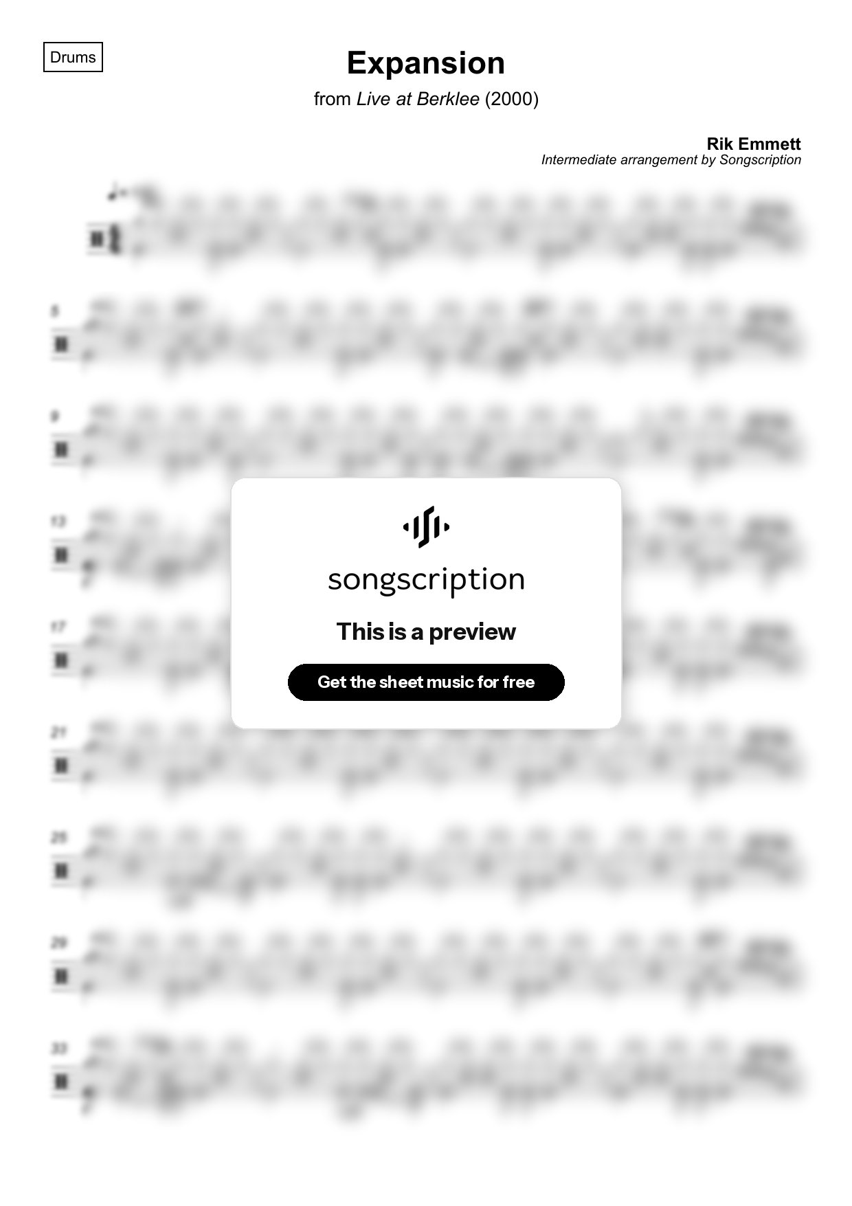 Intermediate Drums Sheet Music for "Expansion" by Rik Emmett