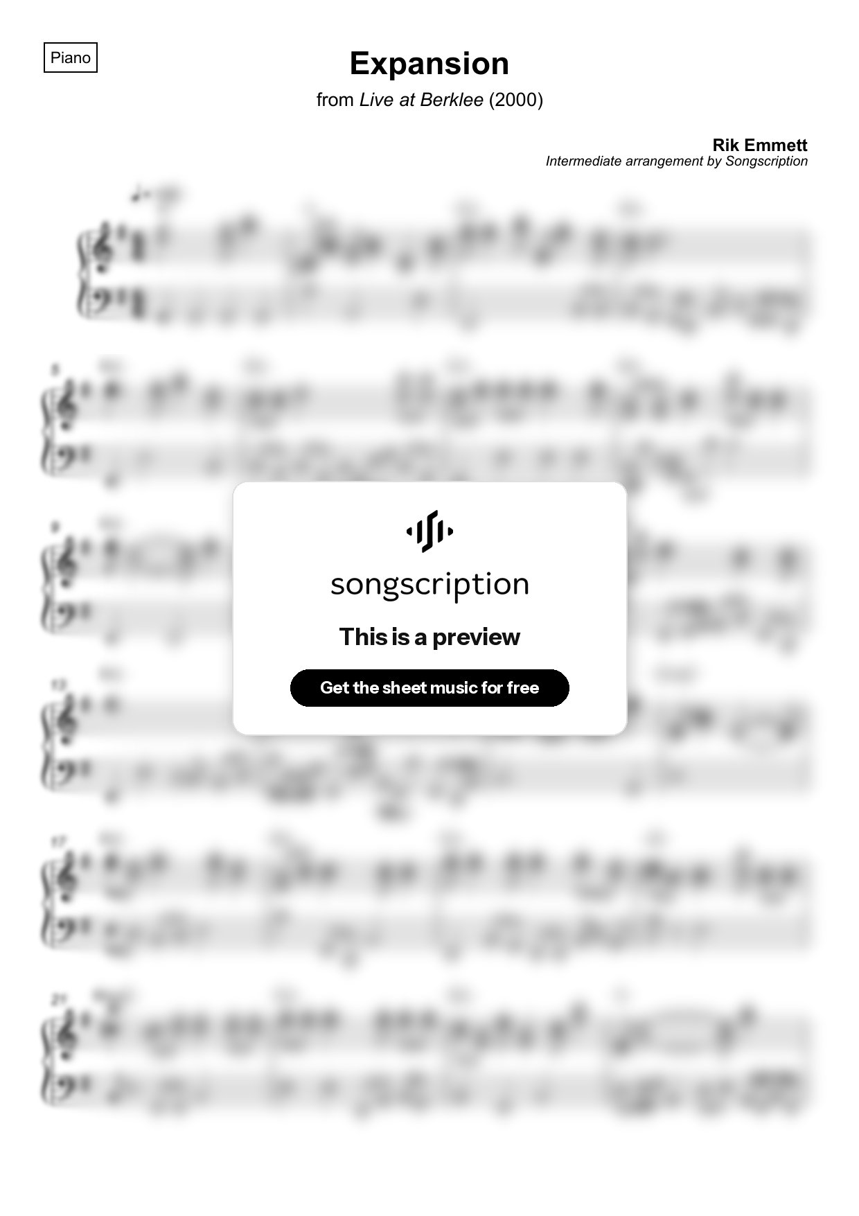 Intermediate Piano Sheet Music for "Expansion" by Rik Emmett