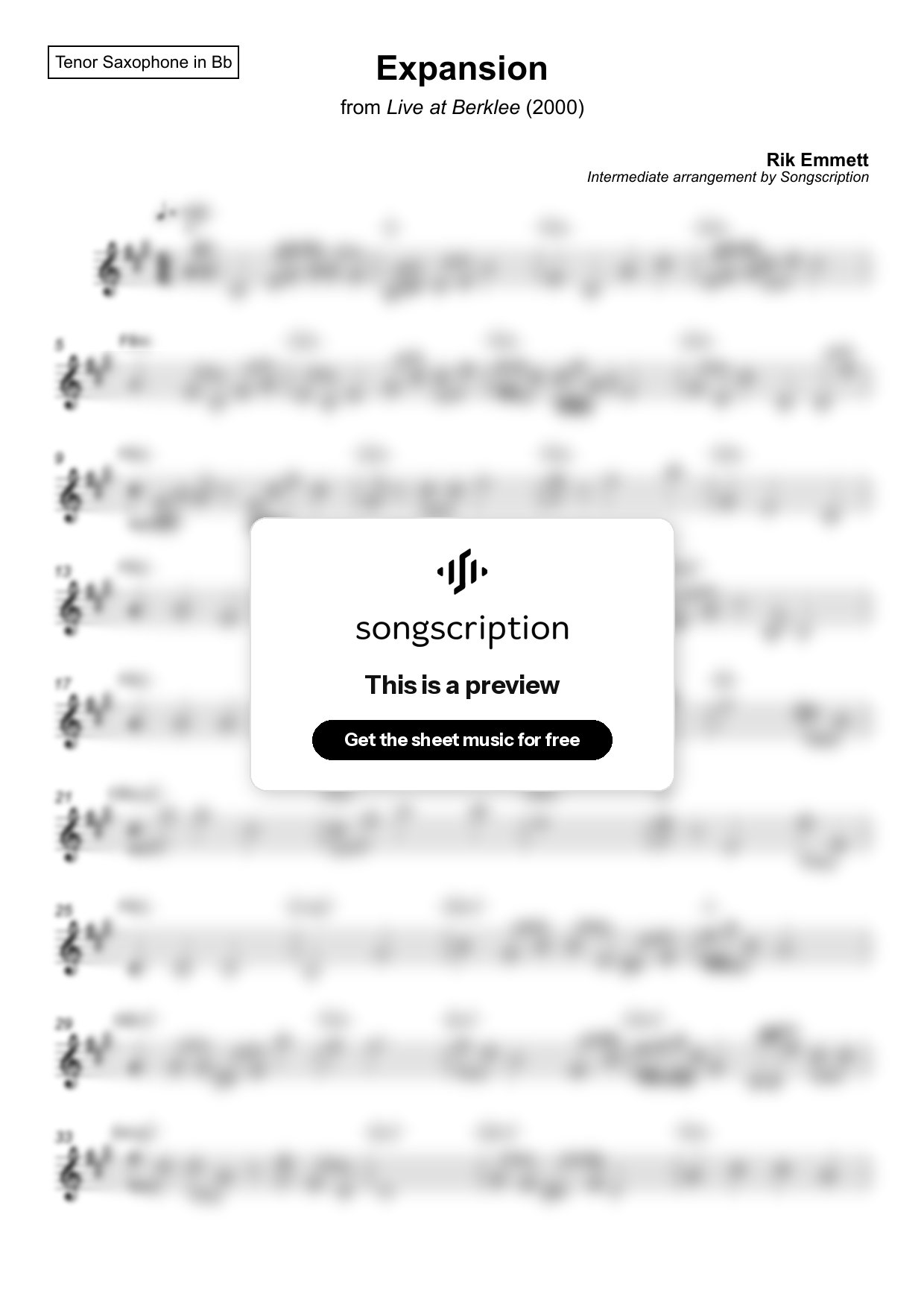 Intermediate Tenor Sax Sheet Music for "Expansion" by Rik Emmett