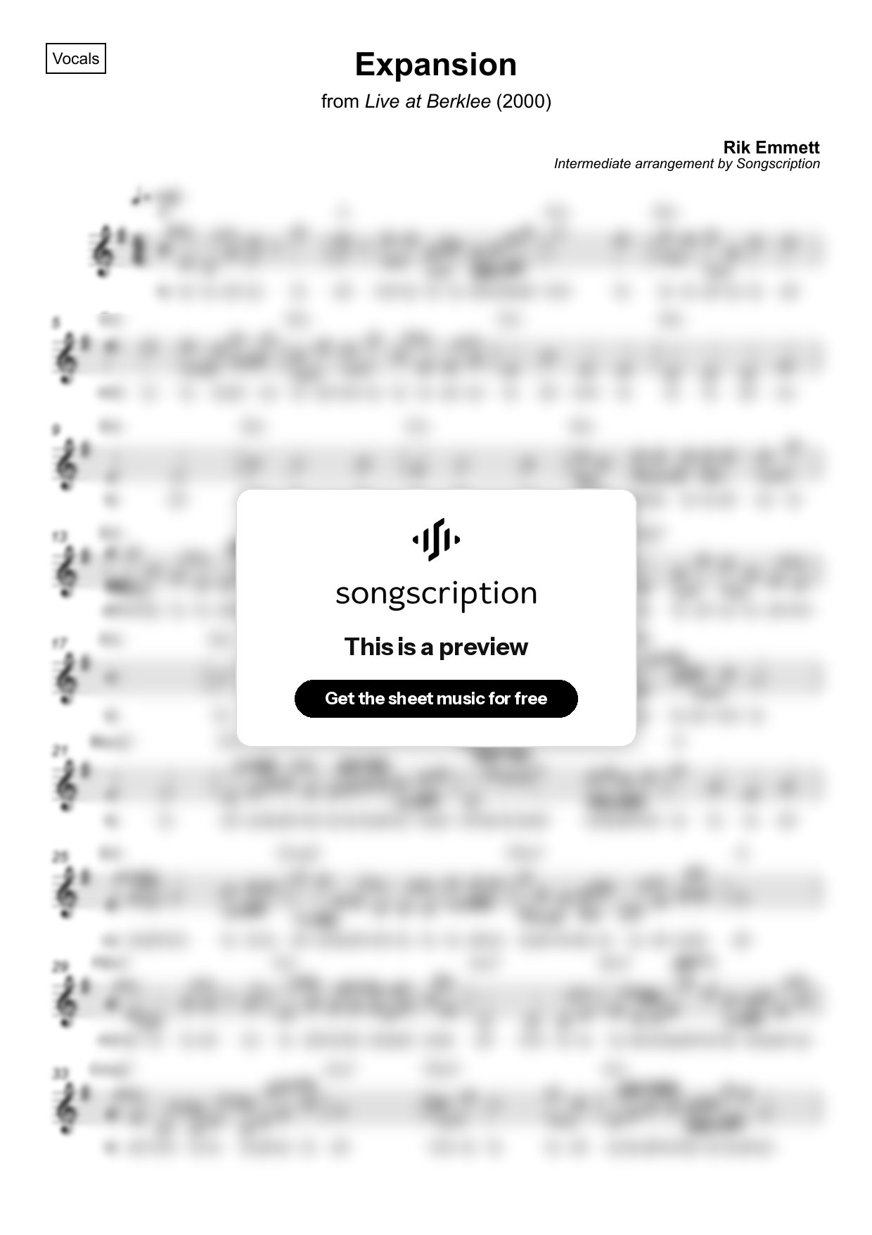 Intermediate Vocals Sheet Music for "Expansion" by Rik Emmett