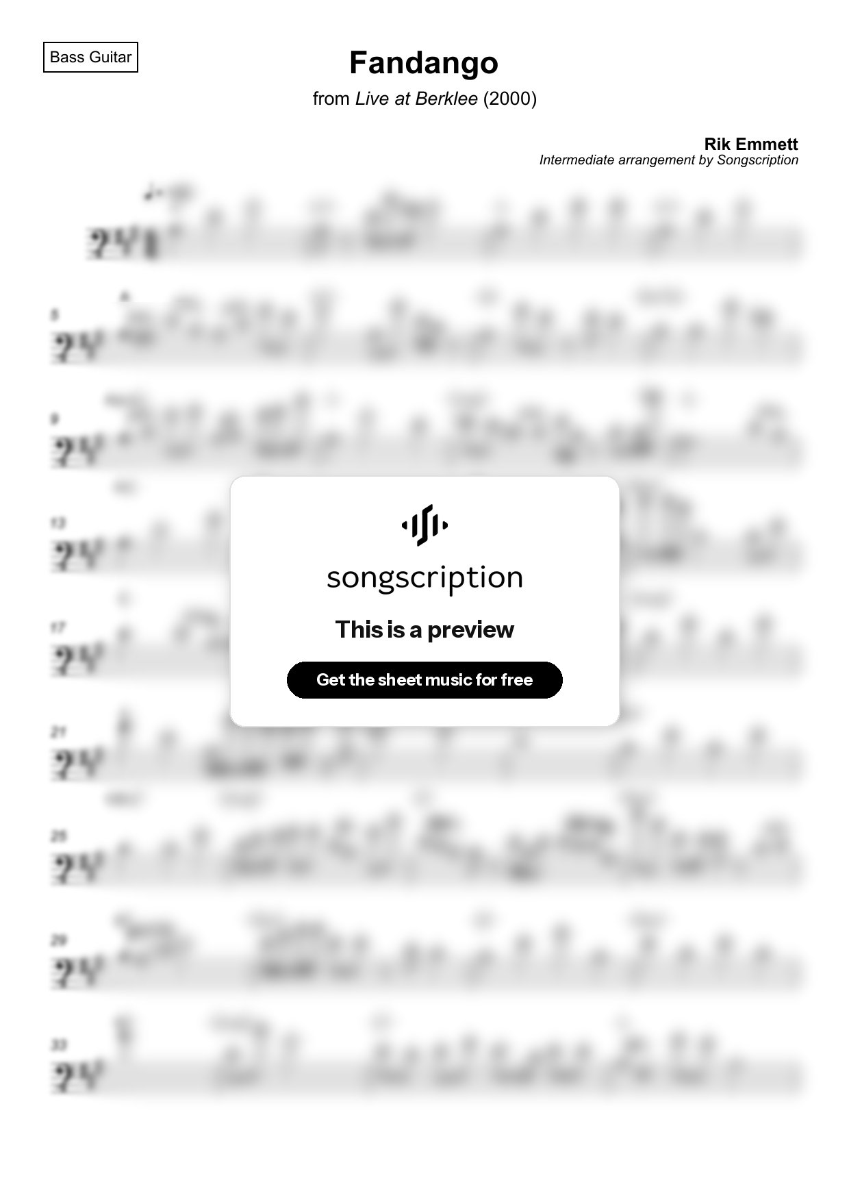 Intermediate Bass Guitar Sheet Music for "Fandango" by Rik Emmett