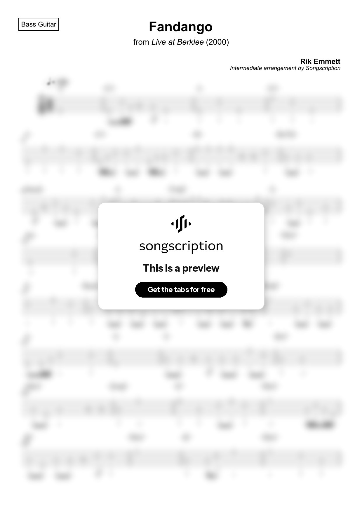 Intermediate Bass Guitar Tabs for "Fandango" by Rik Emmett