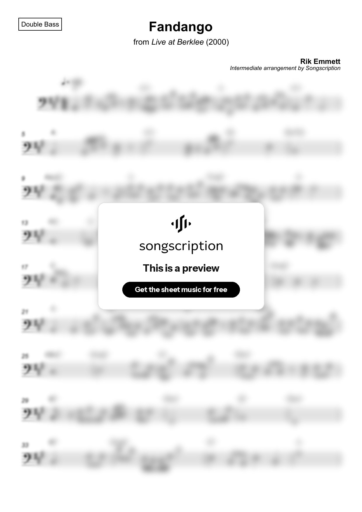 Intermediate Double Bass Sheet Music for "Fandango" by Rik Emmett