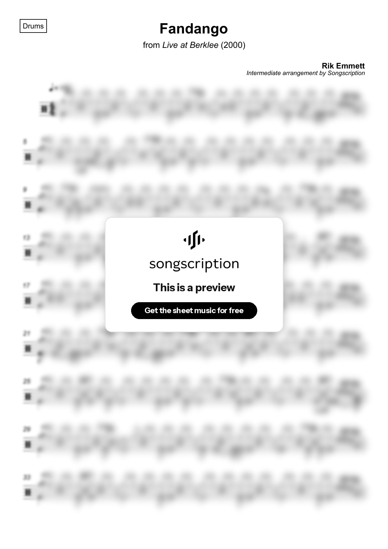 Intermediate Drums Sheet Music for "Fandango" by Rik Emmett