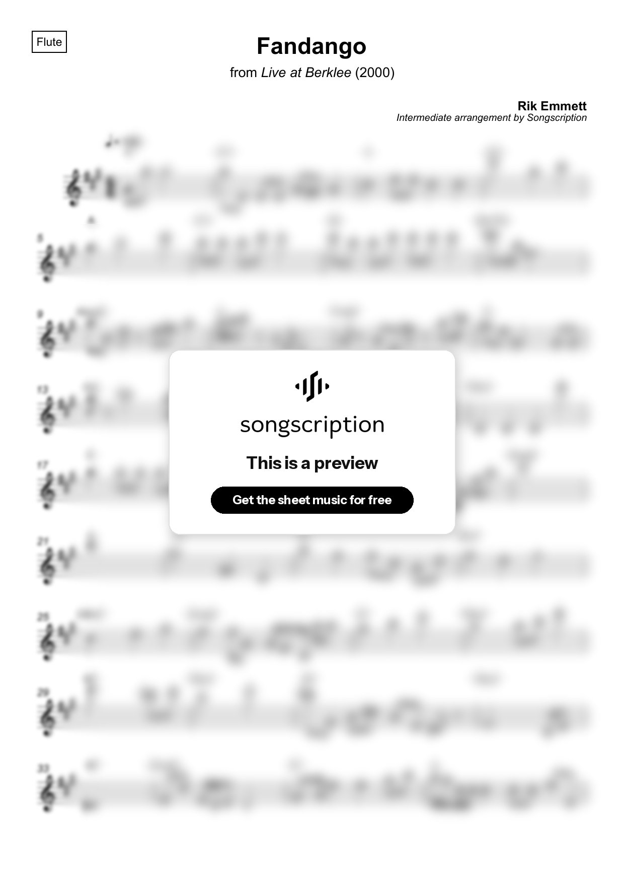 Intermediate Flute Sheet Music for "Fandango" by Rik Emmett