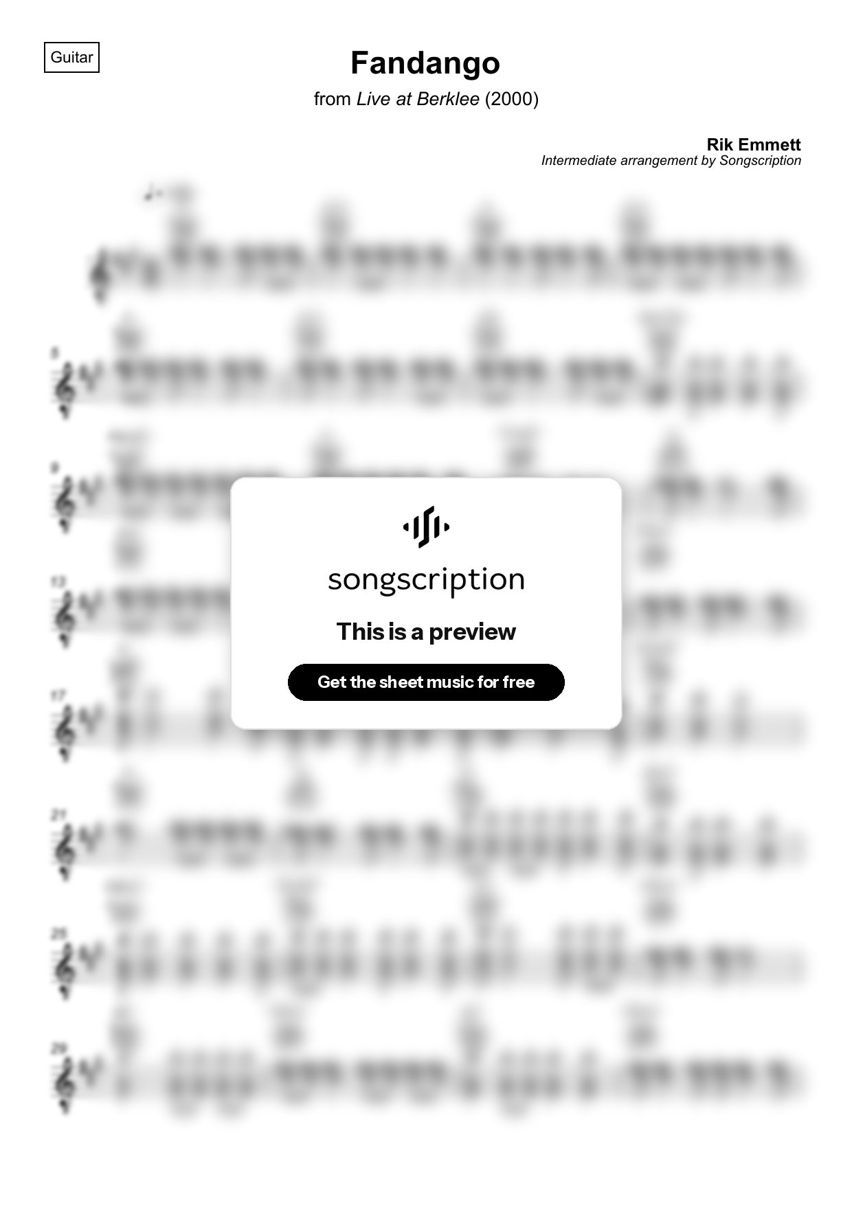 Intermediate Acoustic Guitar Sheet Music for "Fandango" by Rik Emmett