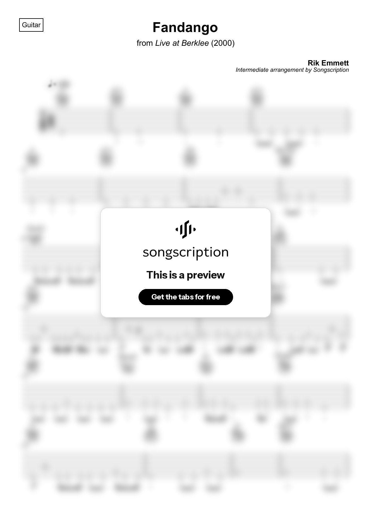 Intermediate Acoustic Guitar Tabs for "Fandango" by Rik Emmett