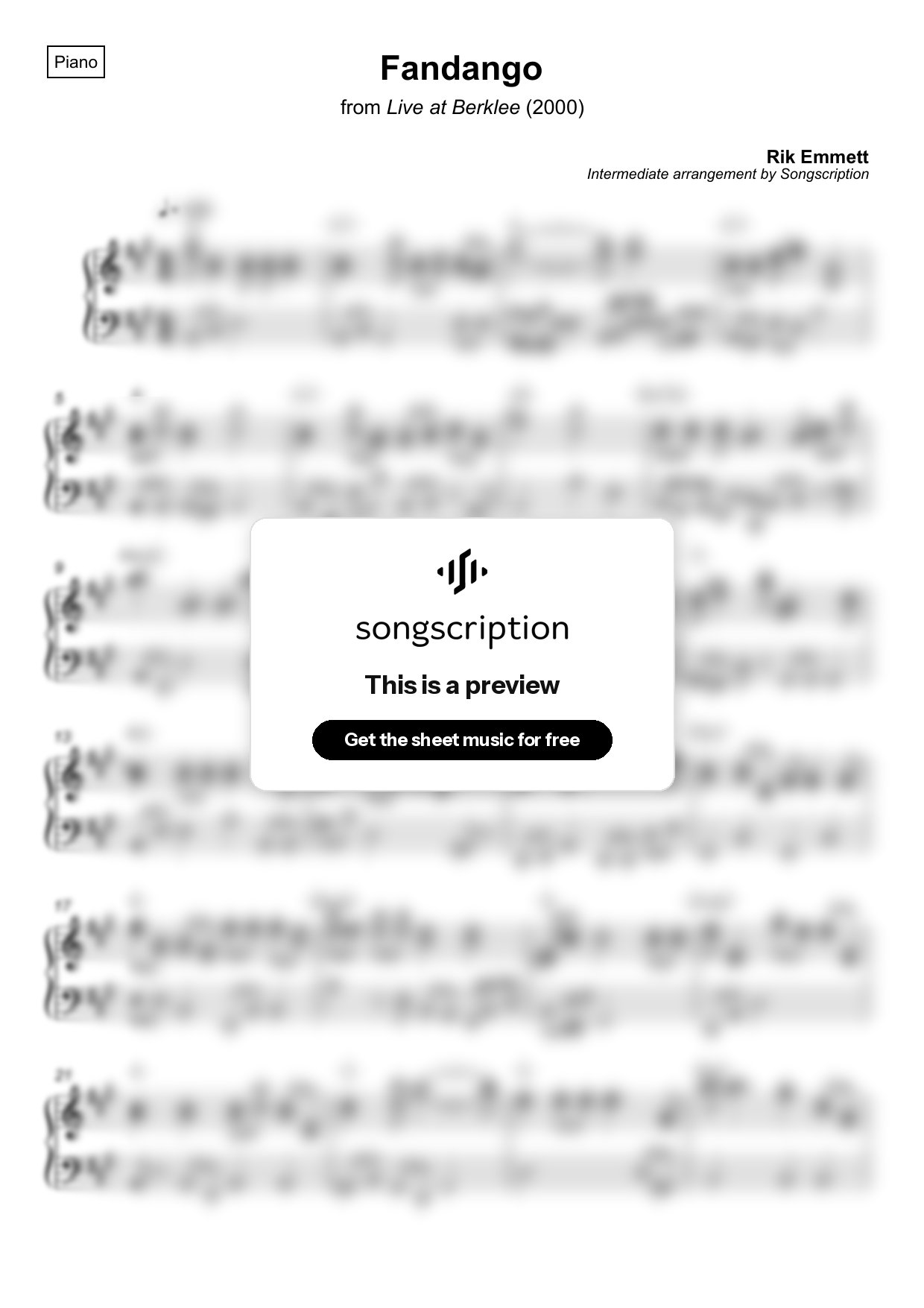Intermediate Piano Sheet Music for "Fandango" by Rik Emmett