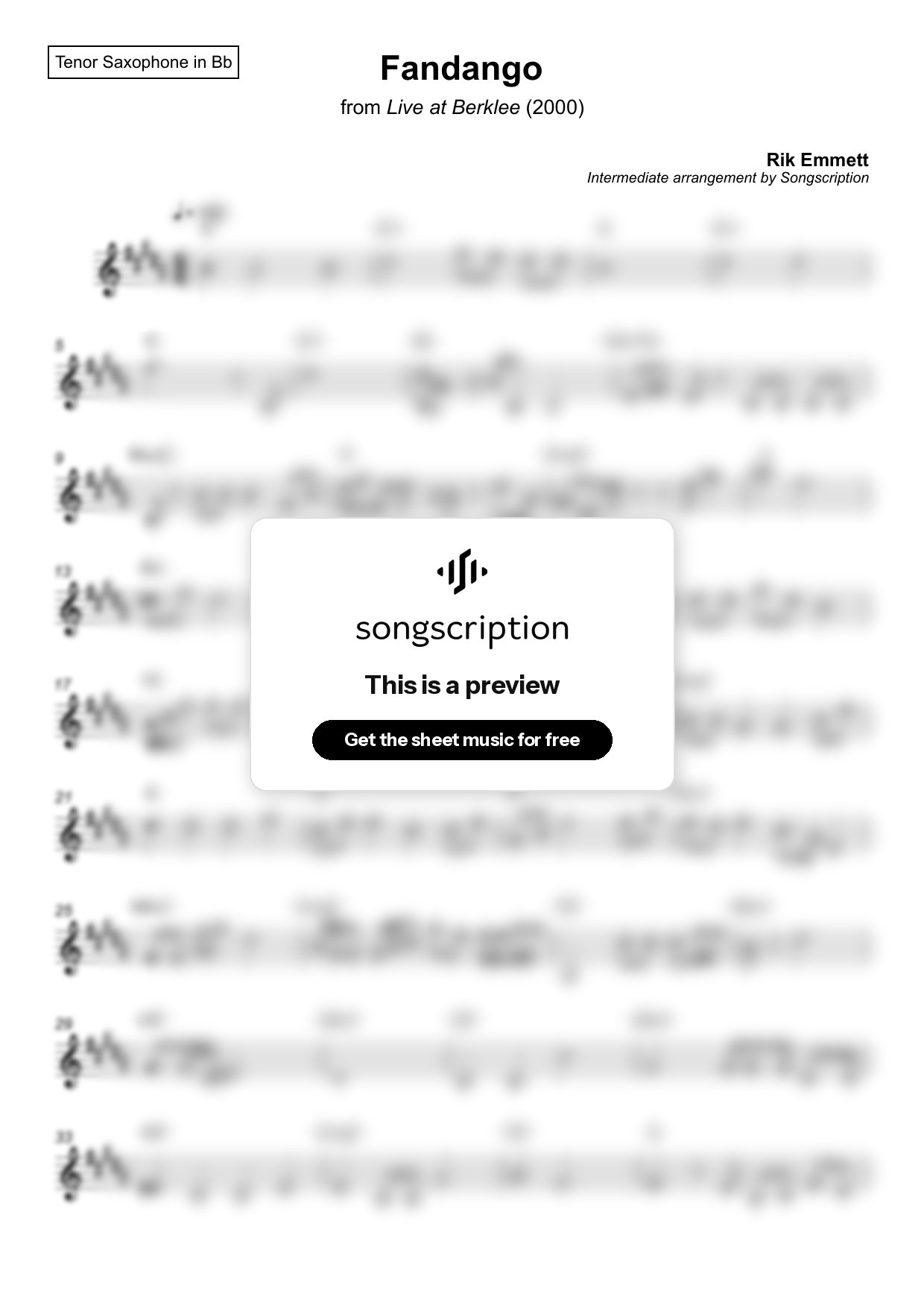 Intermediate Tenor Sax Sheet Music for "Fandango" by Rik Emmett