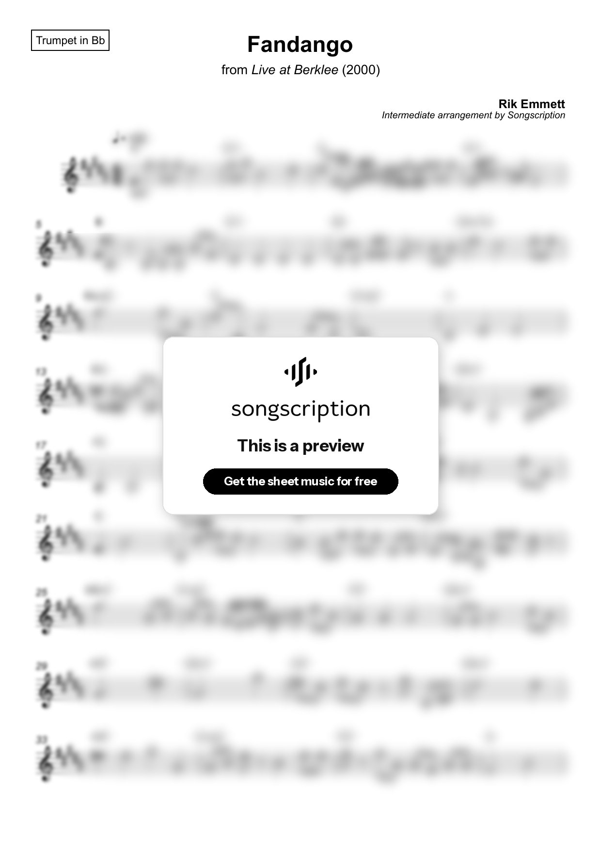 Intermediate Trumpet Sheet Music for "Fandango" by Rik Emmett