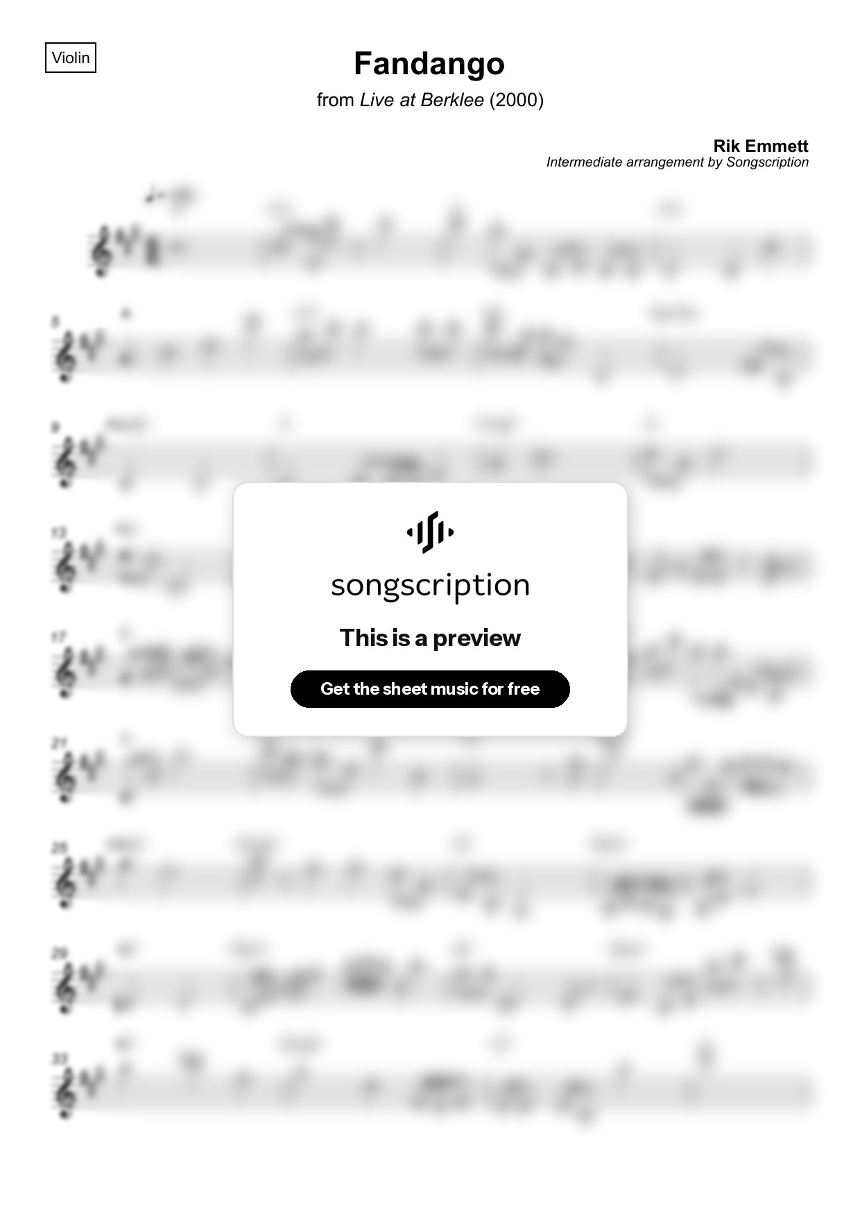 Intermediate Violin Sheet Music for "Fandango" by Rik Emmett