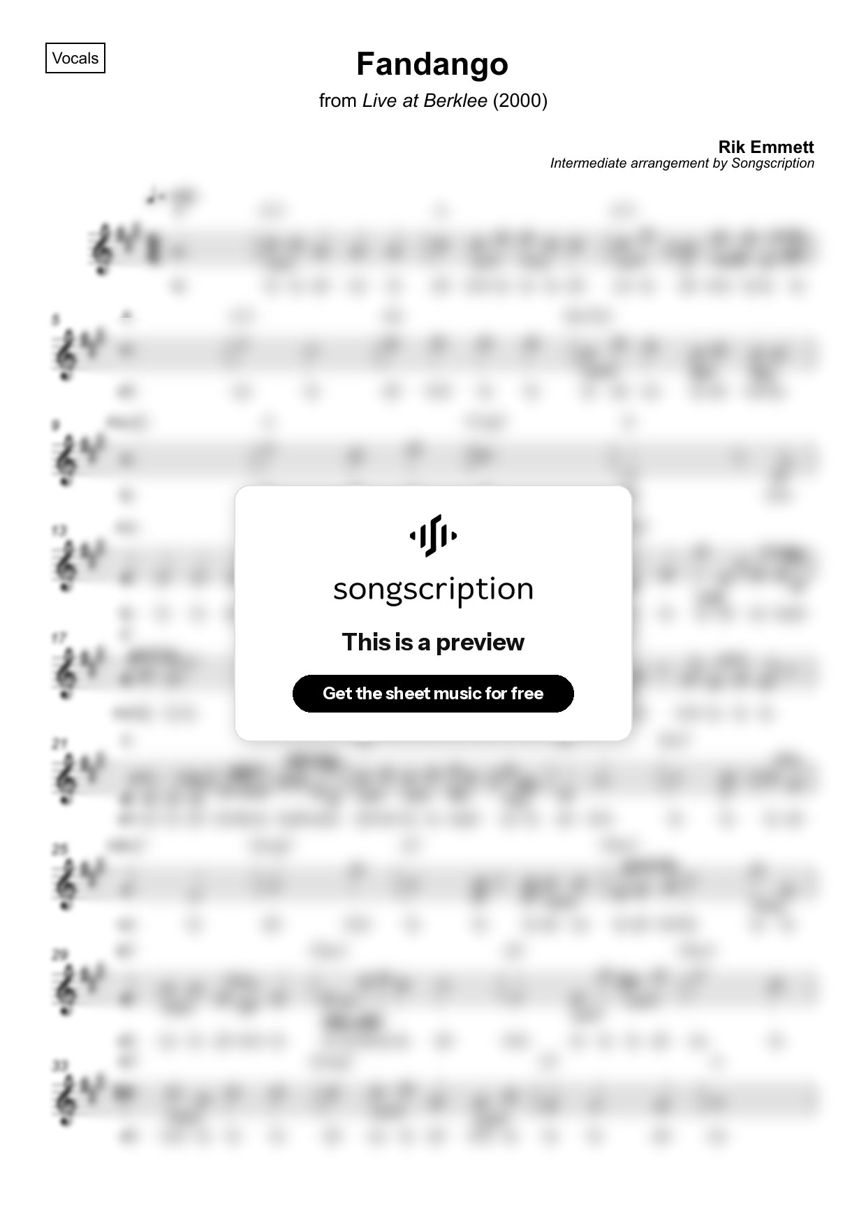 Intermediate Vocals Sheet Music for "Fandango" by Rik Emmett